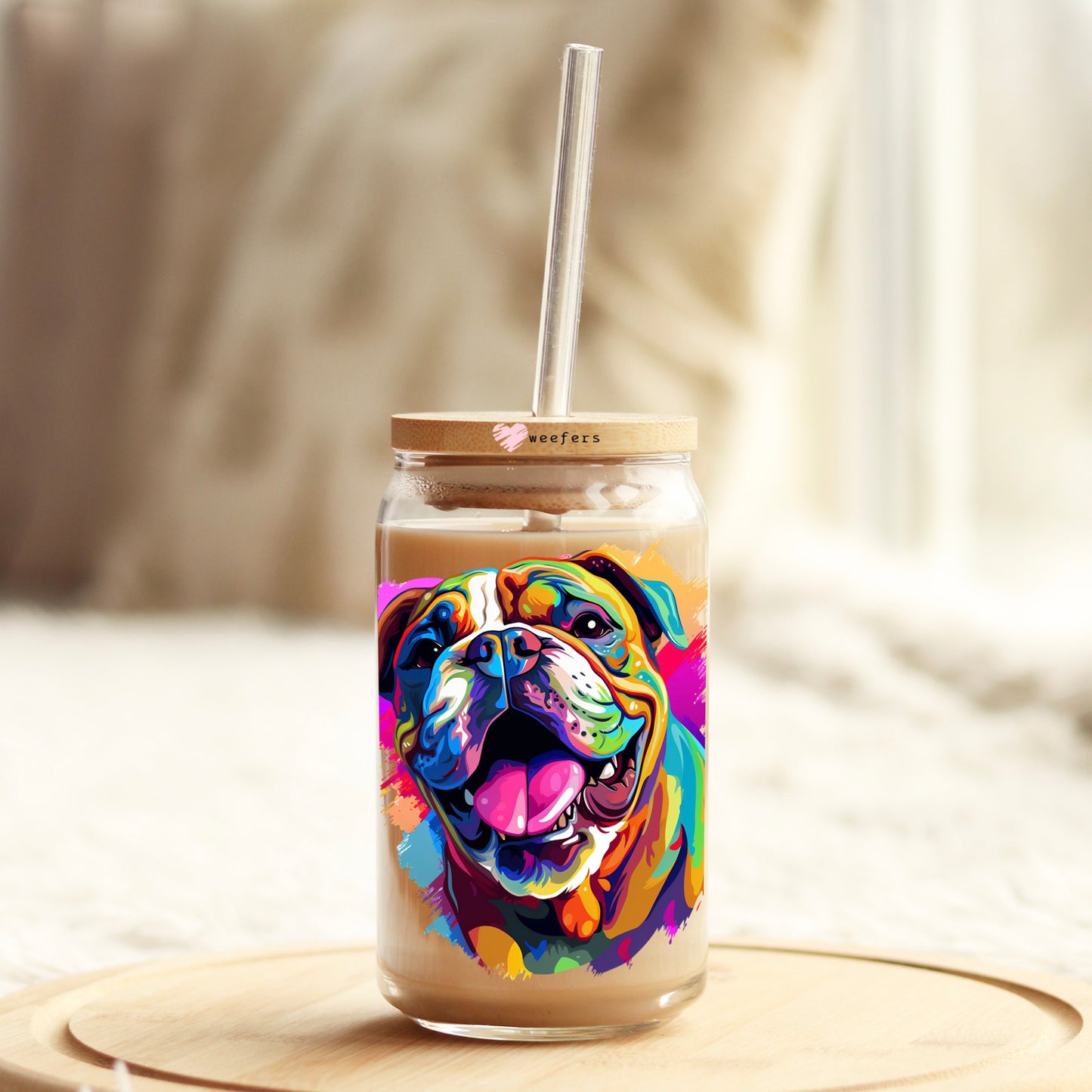 Bulldog Colorful Watercolor 16oz Libbey Glass Can UV DTF or Sublimation Wrap - Decal Weefers