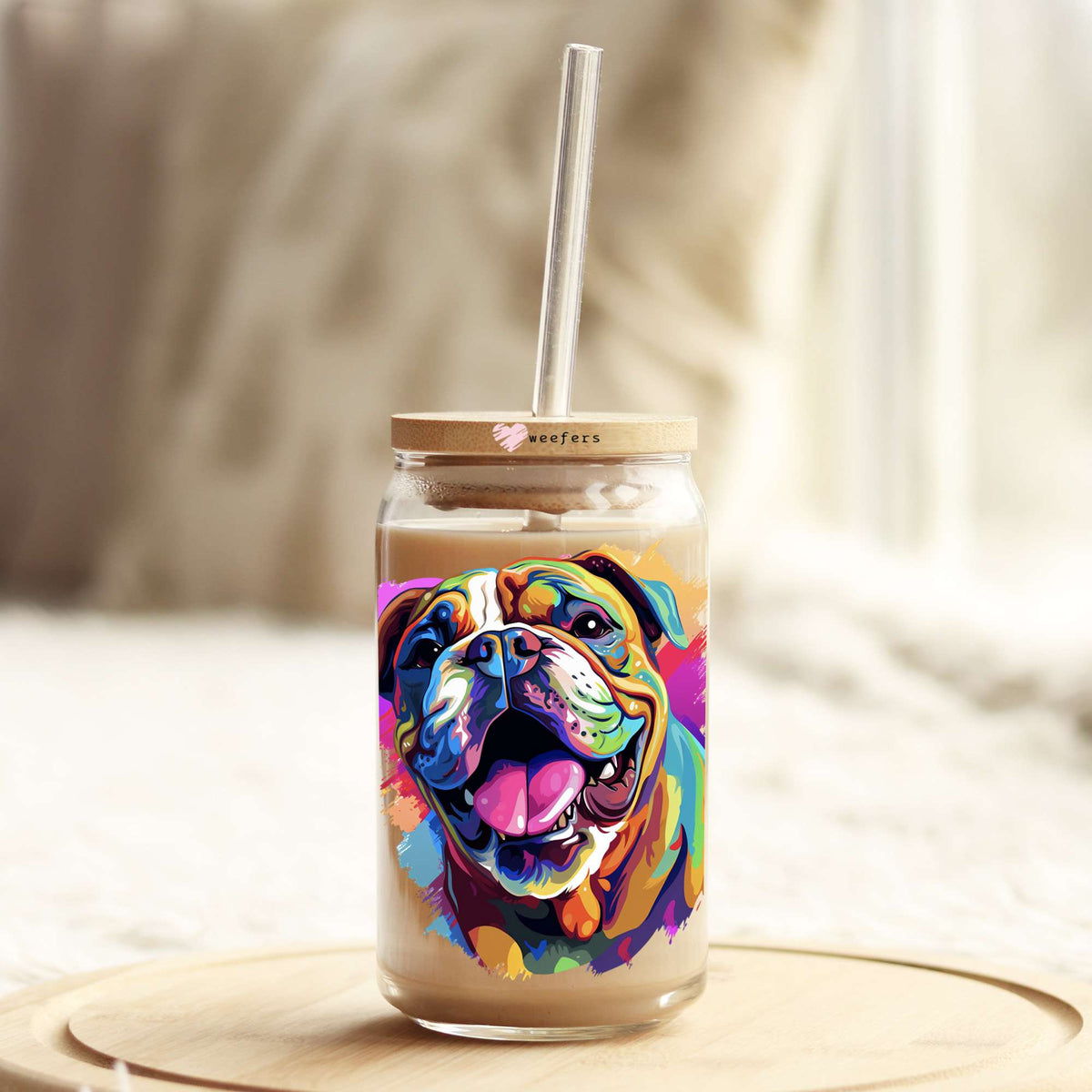 Bulldog Colorful Watercolor 16oz Libbey Glass Can UV DTF or Sublimation Wrap - Decal Weefers