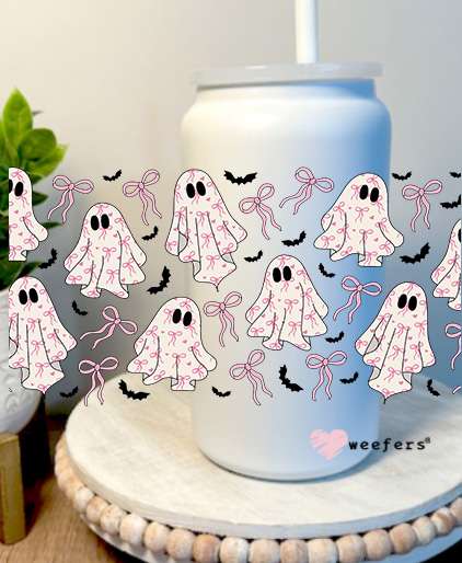 Pink Ghost Coquette Bows 16oz Libbey Glass Can UV DTF Full Decal Transfer Weefers