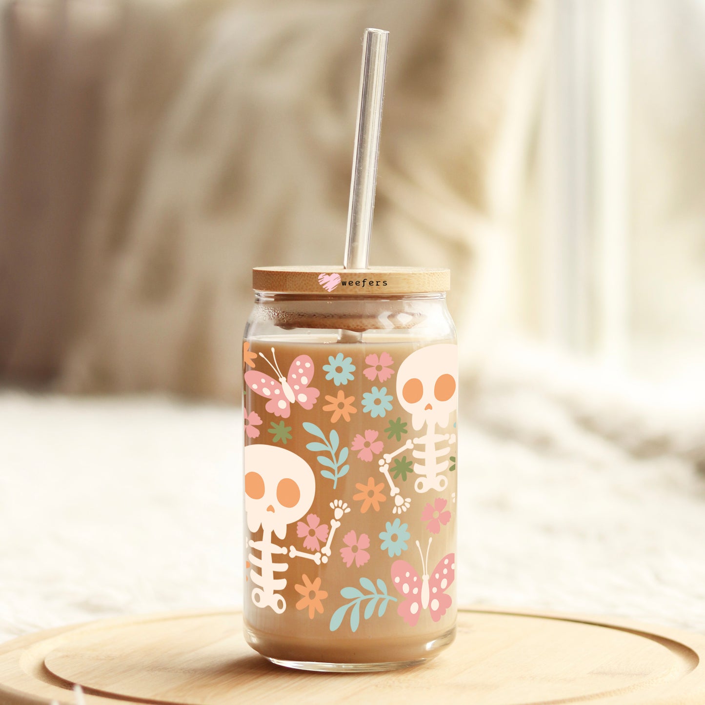 Skeletons With Flowers 16oz Libbey Glass Can UV DTF or Sublimation Wrap Decal Transfer Weefers