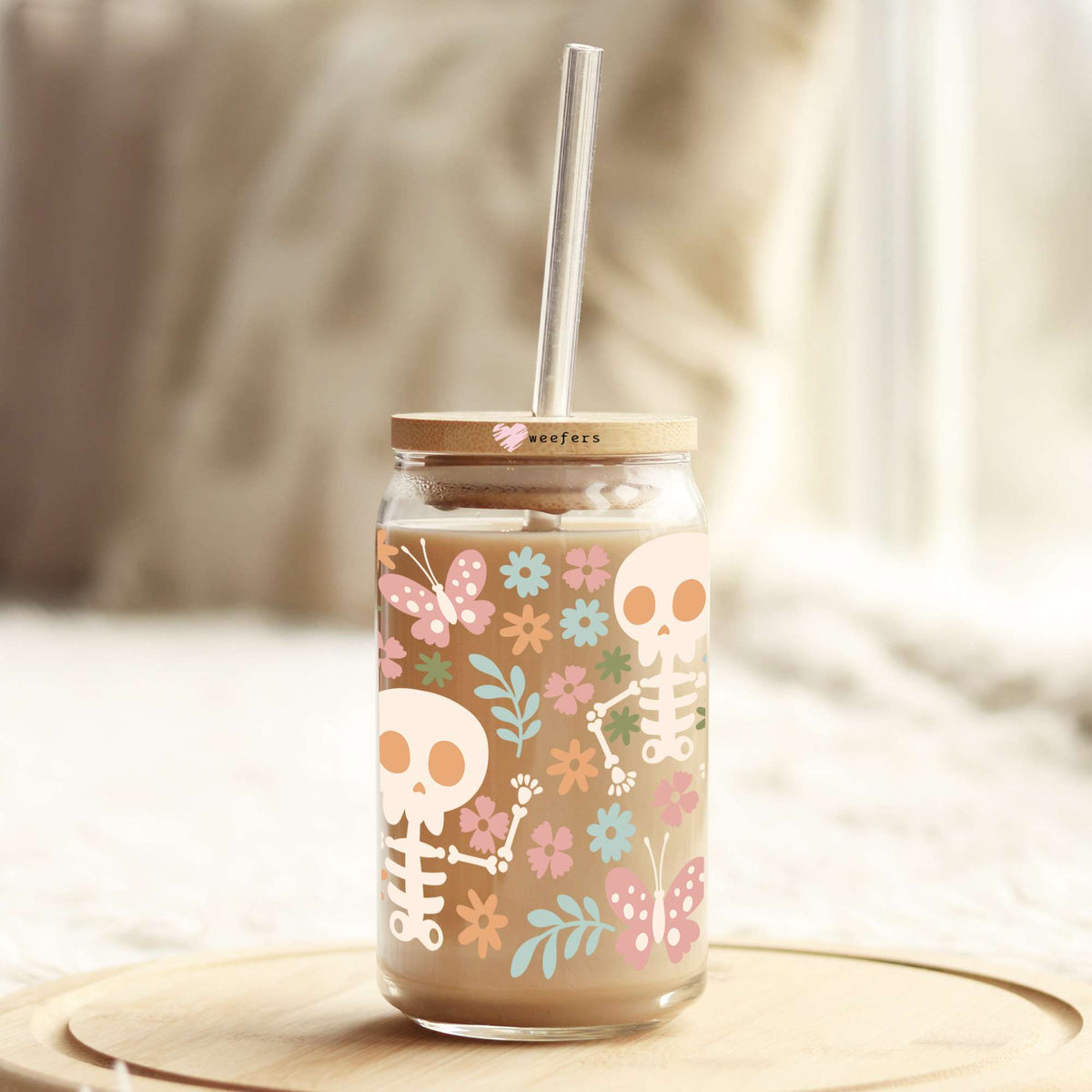 Skeletons With Flowers 16oz Libbey Glass Can UV DTF or Sublimation Wrap Decal Transfer Weefers