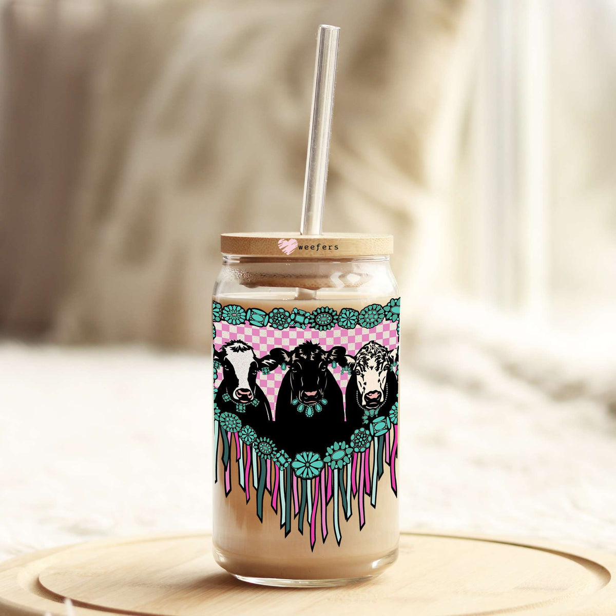 Pocket Fringe Cow Friends 16oz Libbey Glass Can UV DTF or Sublimation Wrap - Decal Weefers