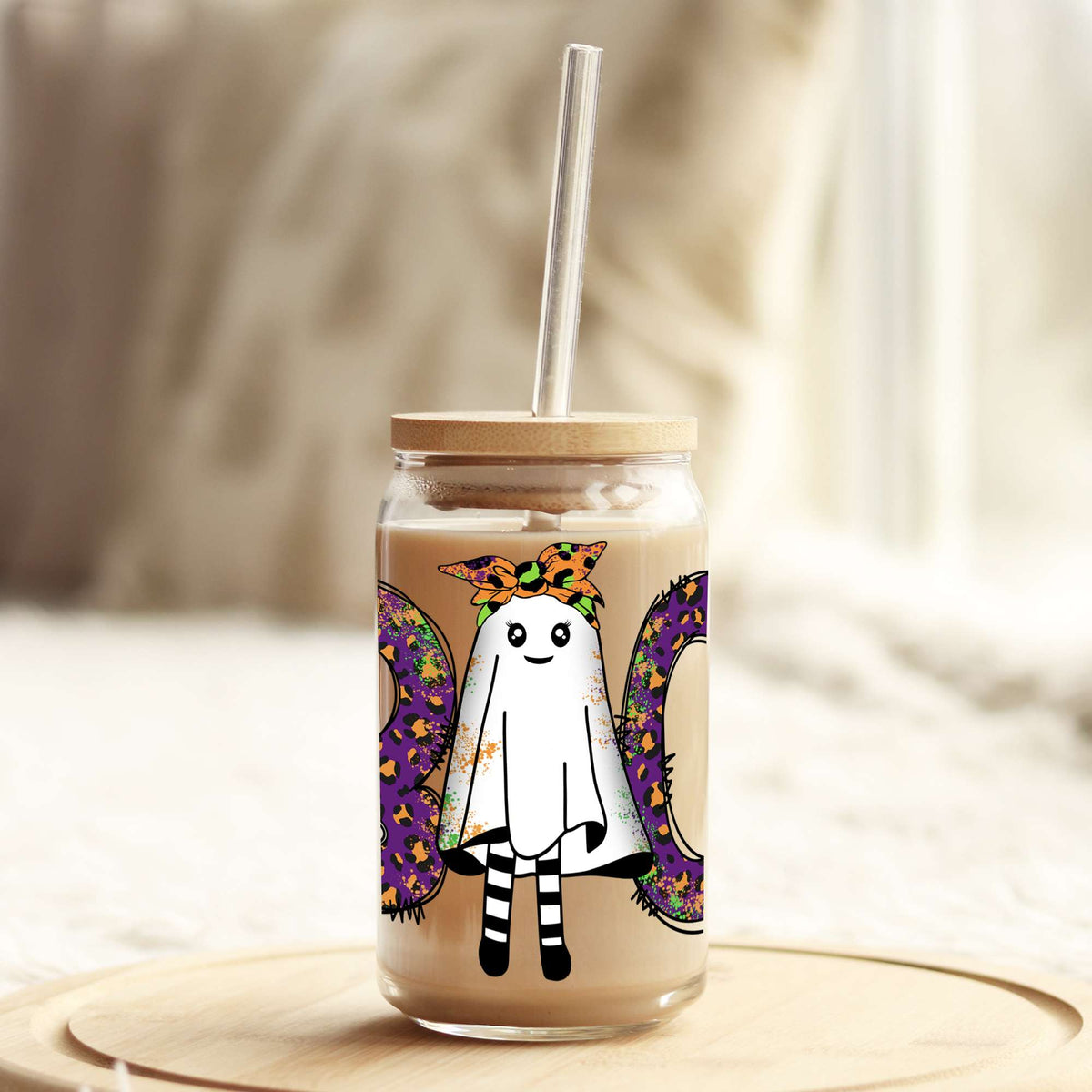 Cute Boo Ghost Halloween 16oz Libbey Glass Can UV DTF or Sublimation Wrap - Decal Weefers