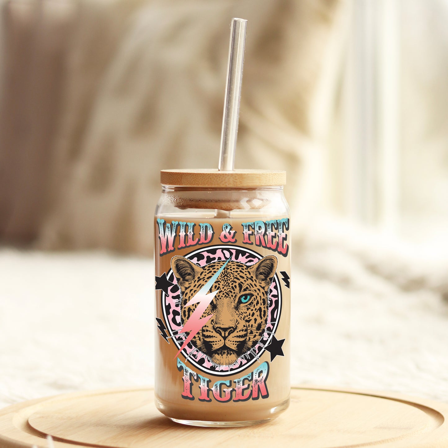 Wild and Free Tiger 16oz Libbey Glass Can UV DTF or Sublimation Cup Wrap - Decal Transfer Weefers