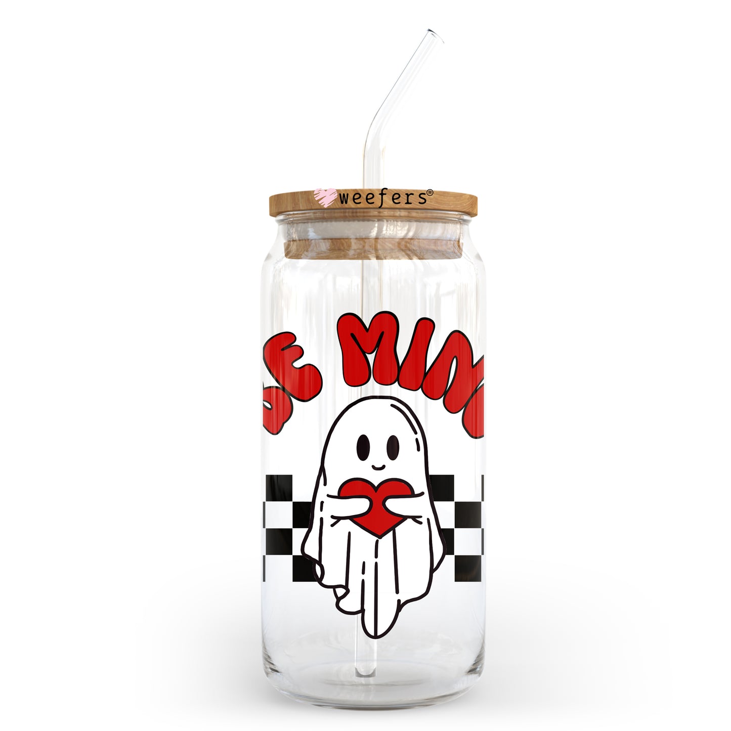 Be Mine Ghost Checkers Valentine's Day 20oz Libbey Glass Can UV DTF or Sublimation Wrap - Decal Weefers