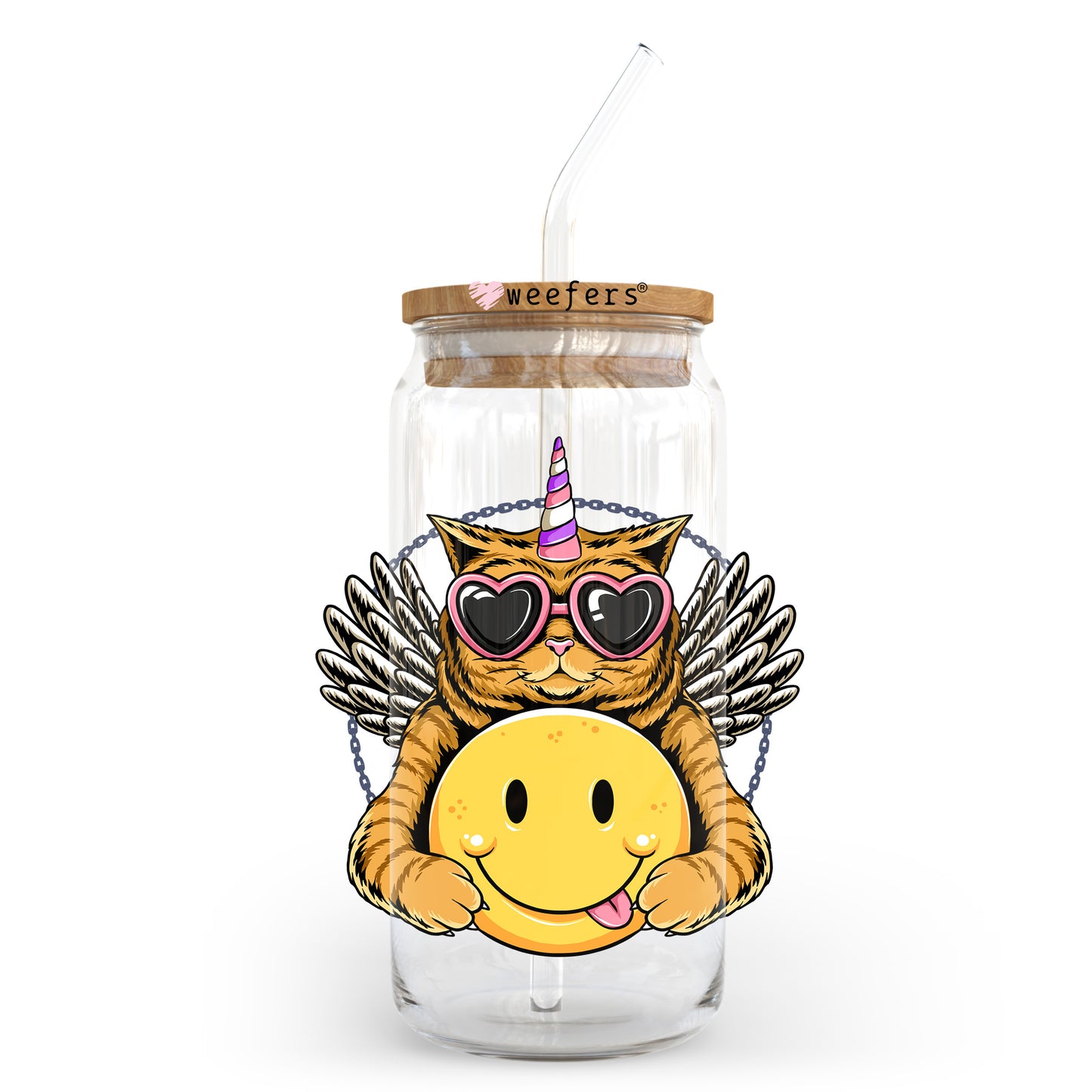 Cool Cat Smile Face 20oz Libbey Glass Can UV DTF or Sublimation Wrap - Decal Transfer Weefers
