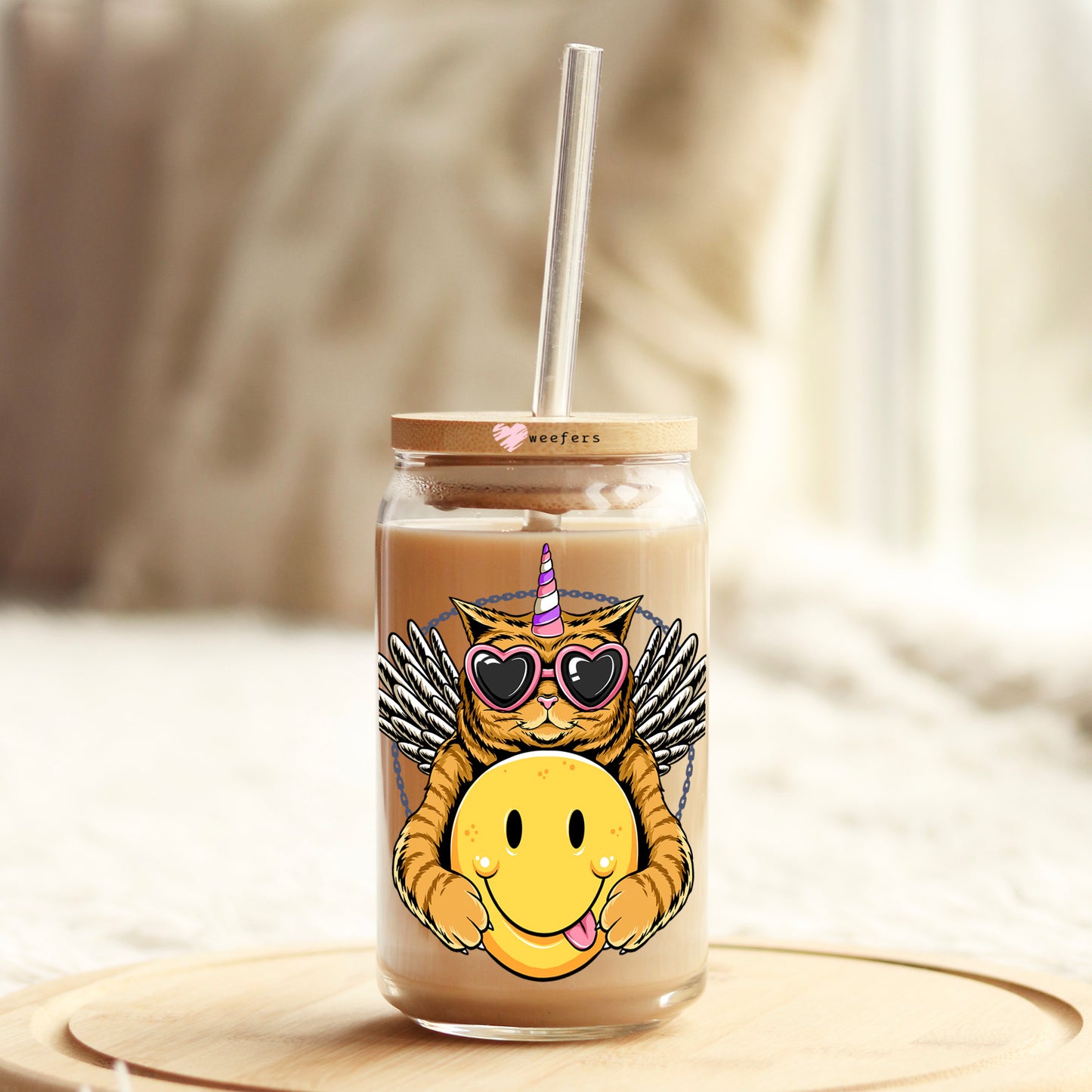 Cool Cat Smile Face 16oz Libbey Glass Can UV DTF or Sublimation Cup Wrap - Decal Transfer Weefers