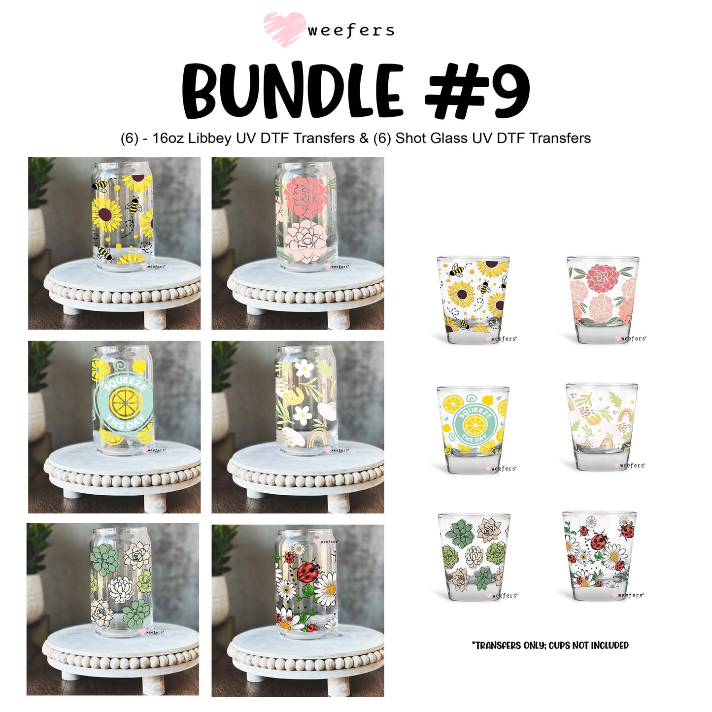Lady Bugs, Sunflowers, Lemons Oh My Bundle #9 16oz Libbey Glass Can and Shot Glass UV DTF or Sublimation Wrap - Decal - Weefers