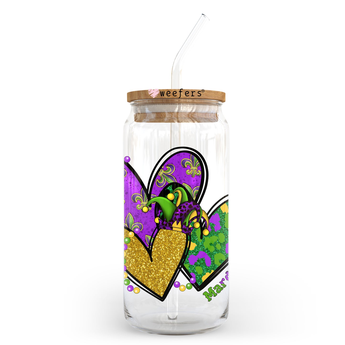Hearts Mardi Gras 20oz Libbey Glass Can UV DTF or Sublimation Wrap - Decal Transfer Weefers