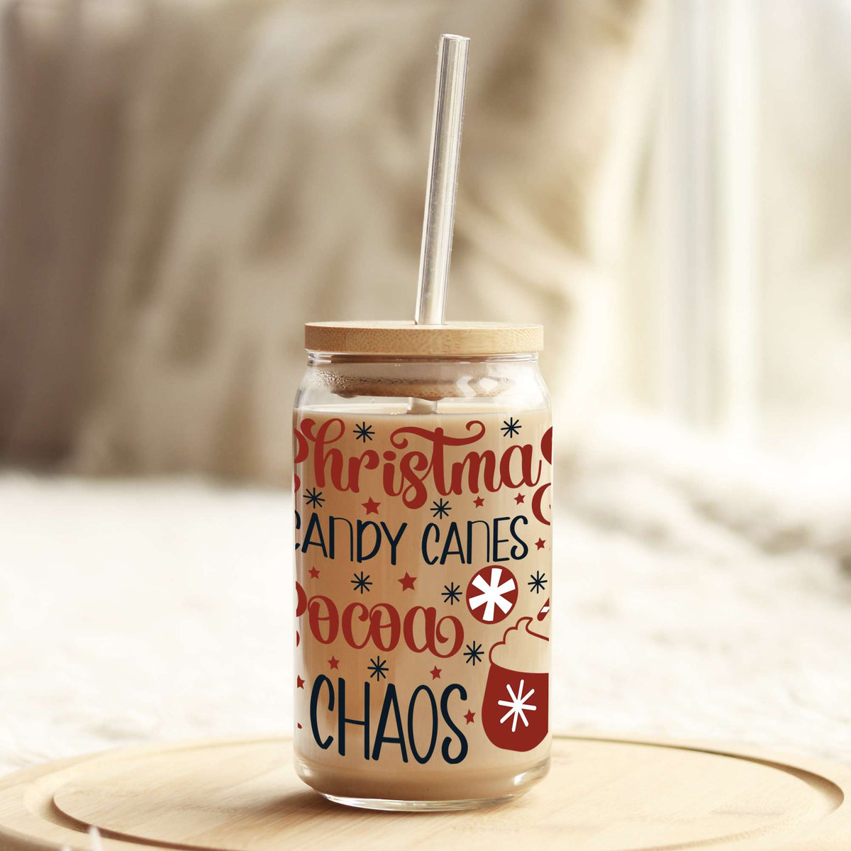 Christmas Candy Canes, Cocoa and Chaos 16oz Libbey Glass Can UV DTF or Sublimation Cup Wrap - Decal Transfer Weefers