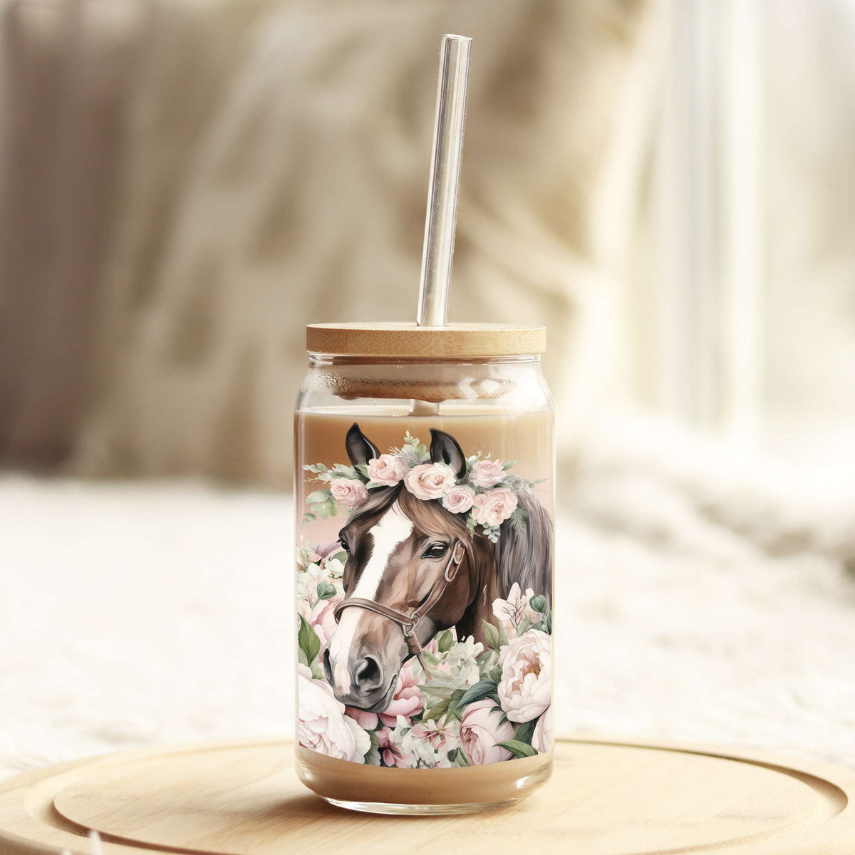 Floral Horse Lover 16oz Libbey Glass Can UV DTF or Sublimation Cup Wrap - Decal Transfer Weefers