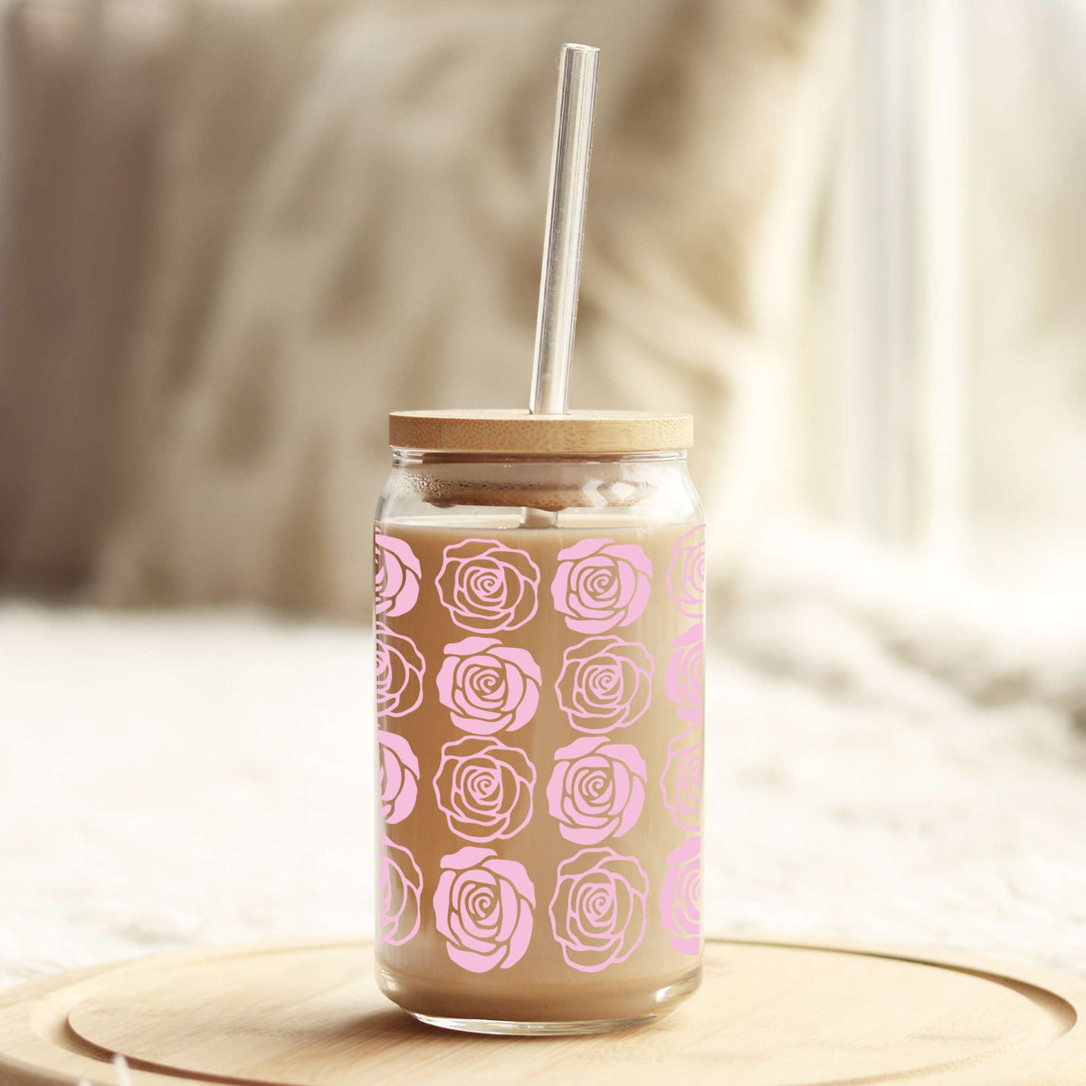 Pink Roses 16oz Libbey Glass Can UV DTF or Sublimation Wrap - Decal Weefers