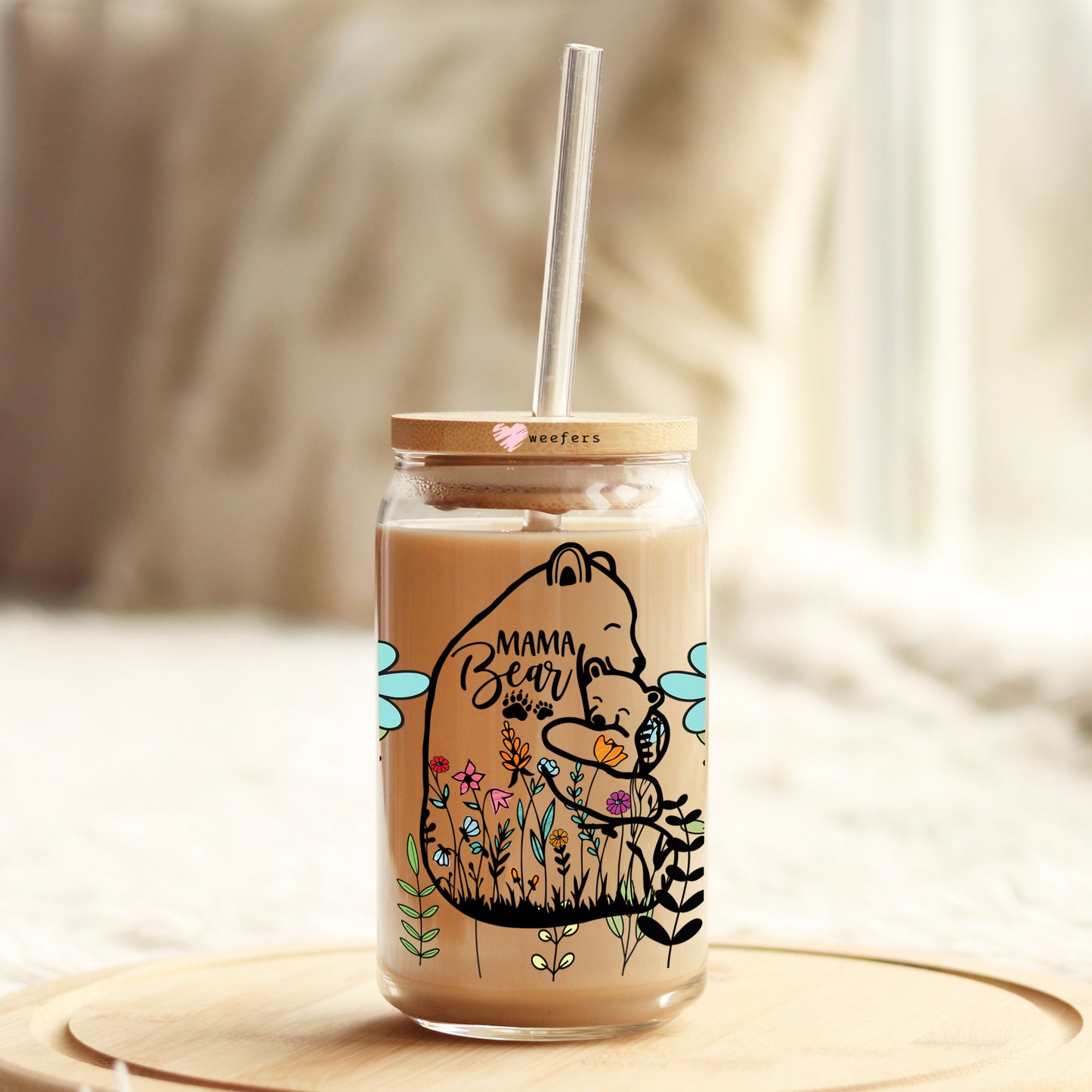Mama Bear Wildflowers 16oz Libbey Glass Can UV DTF or Sublimation Cup Wrap - Decal Transfer Weefers
