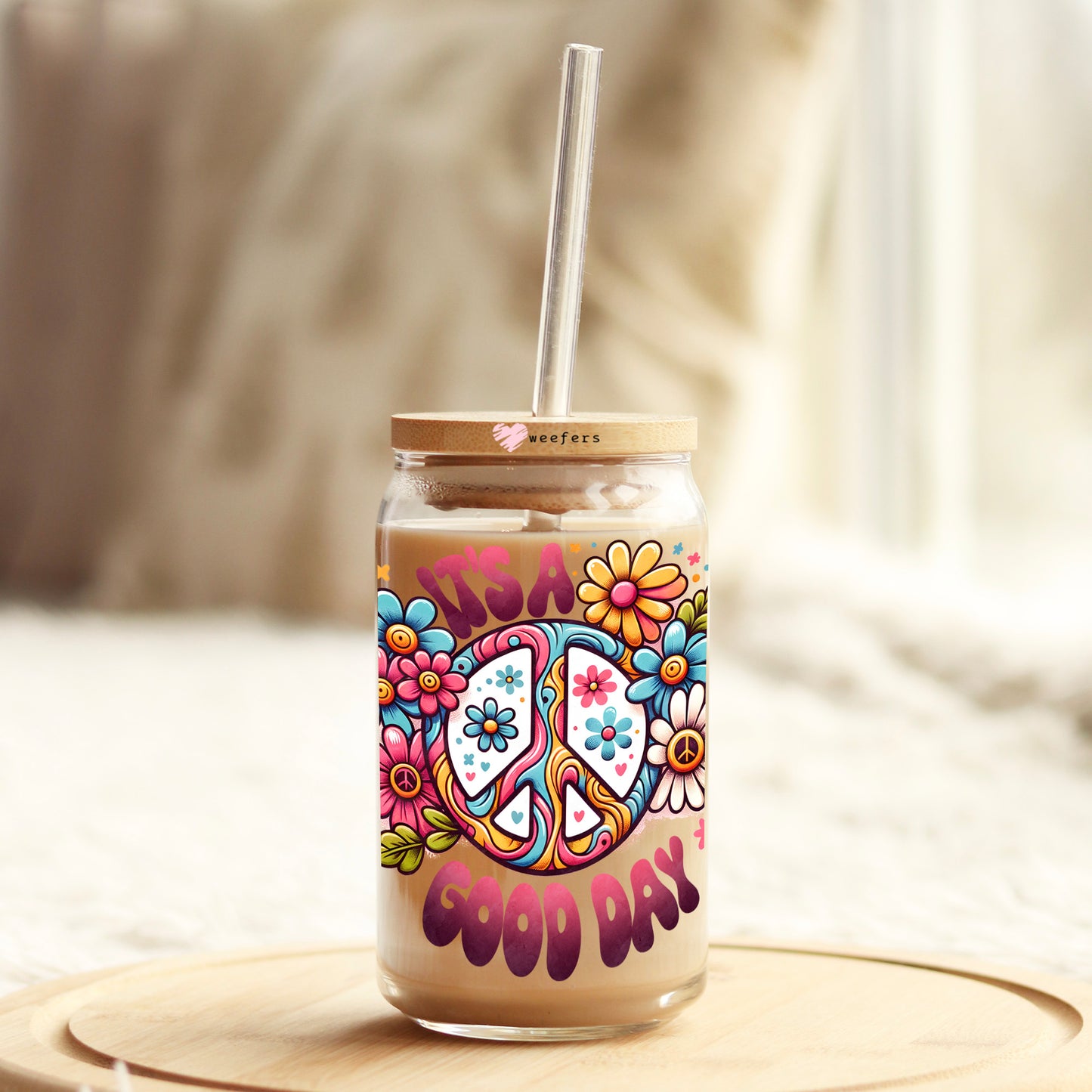 It's a Good Day Peace Sign 16oz Libbey Glass Can UV DTF or Sublimation Cup Wrap - Decal Transfer Weefers
