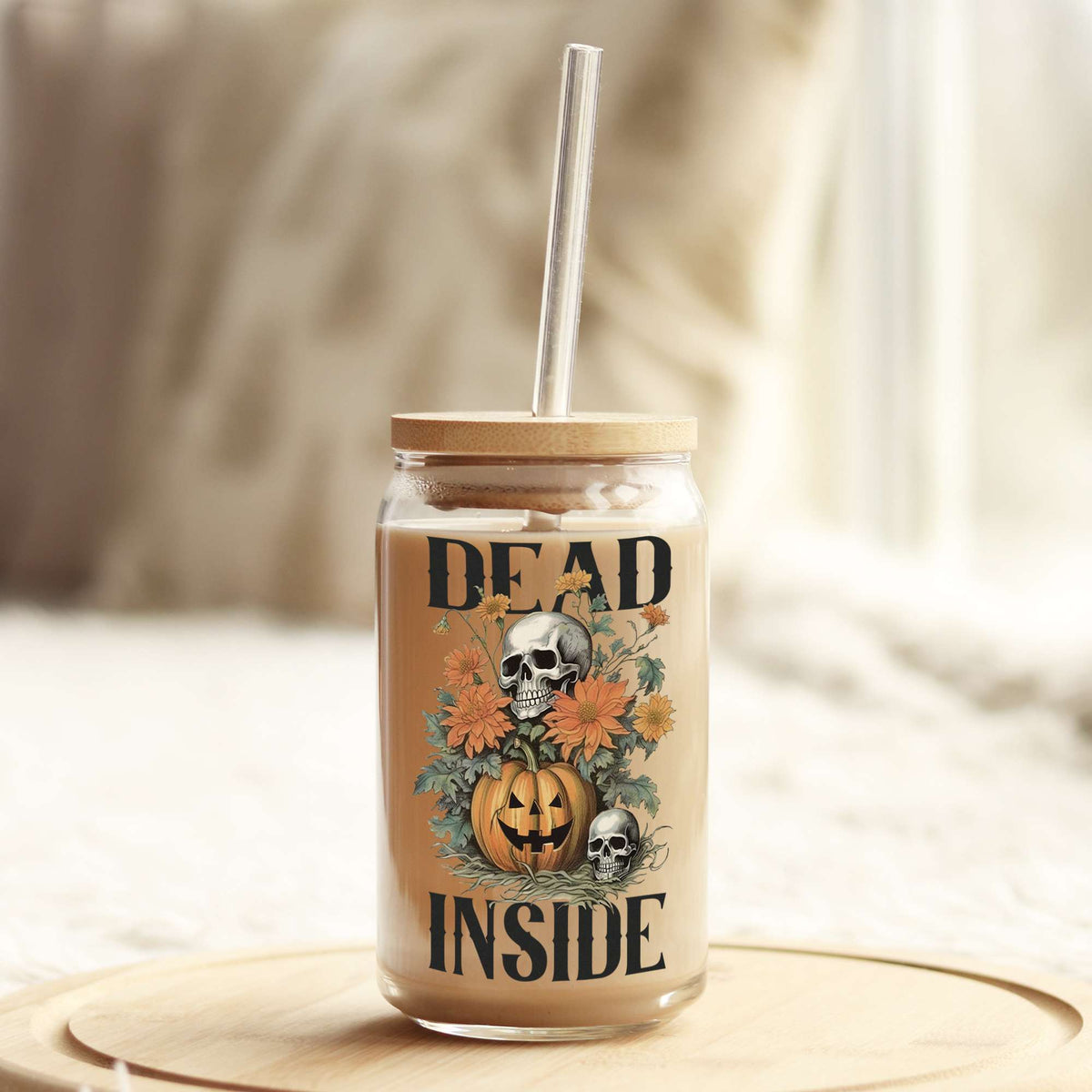 Dead Inside Skull Pumpkin Halloween 16oz Libbey Glass Can UV DTF or Sublimation Wrap - Decal Weefers