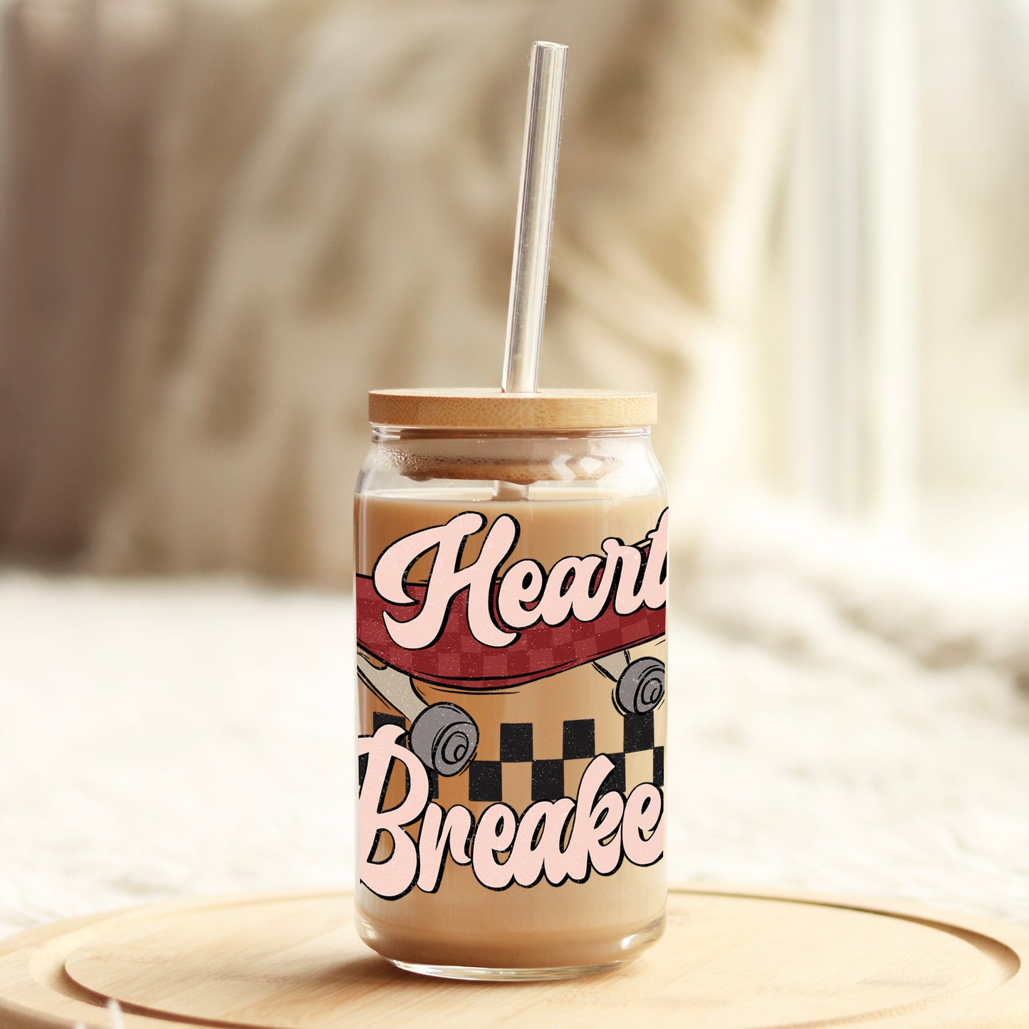 Heart Breaker Skateboard Valentine's Day 16oz Libbey Glass Can UV DTF or Sublimation Cup Wrap - Decal Transfer Weefers