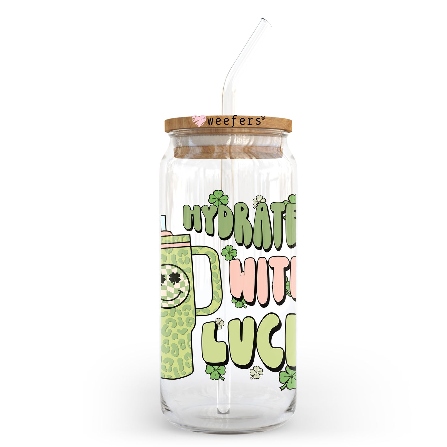 Hydrated with Luck St. Patrick's Day 20oz Libbey Glass Can UV DTF or Sublimation Wrap - Decal Transfer Weefers