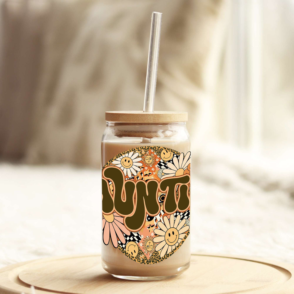 Retro Floral Auntie 16oz Libbey Glass Can UV DTF or Sublimation Wrap - Decal Weefers
