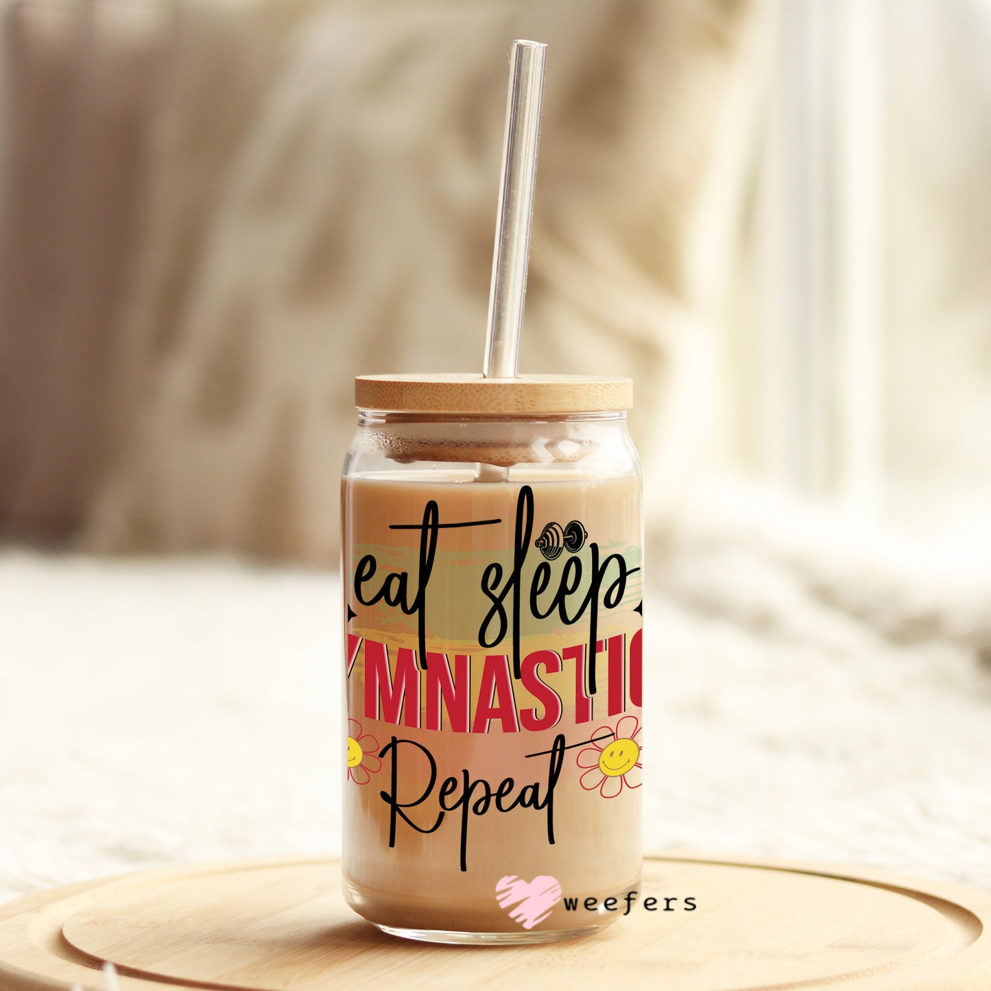 Eat Sleep Gymnastics Repeat Flower 16oz Libbey Glass Can UV DTF or Sublimation Wrap - Decal Weefers