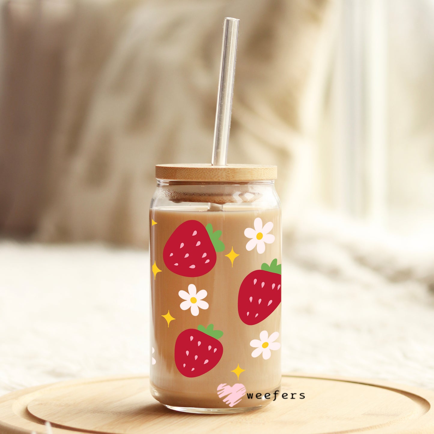 Strawberry and Daisies 16oz Libbey Glass Can UV DTF or Sublimation Wrap - Decal Weefers