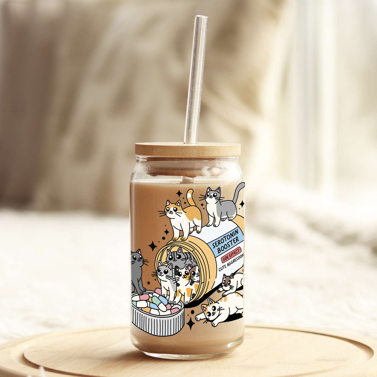Cat lover Serotonin Booster 16oz Libbey Glass Can UV DTF or Sublimation Cup Wrap - Decal Transfer Weefers