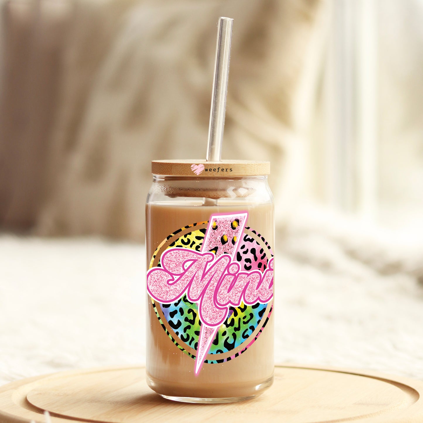 Pink Mini Cheetah Lightening Bolt 16oz Libbey Glass Can UV DTF or Sublimation Cup Wrap - Decal Transfer Weefers