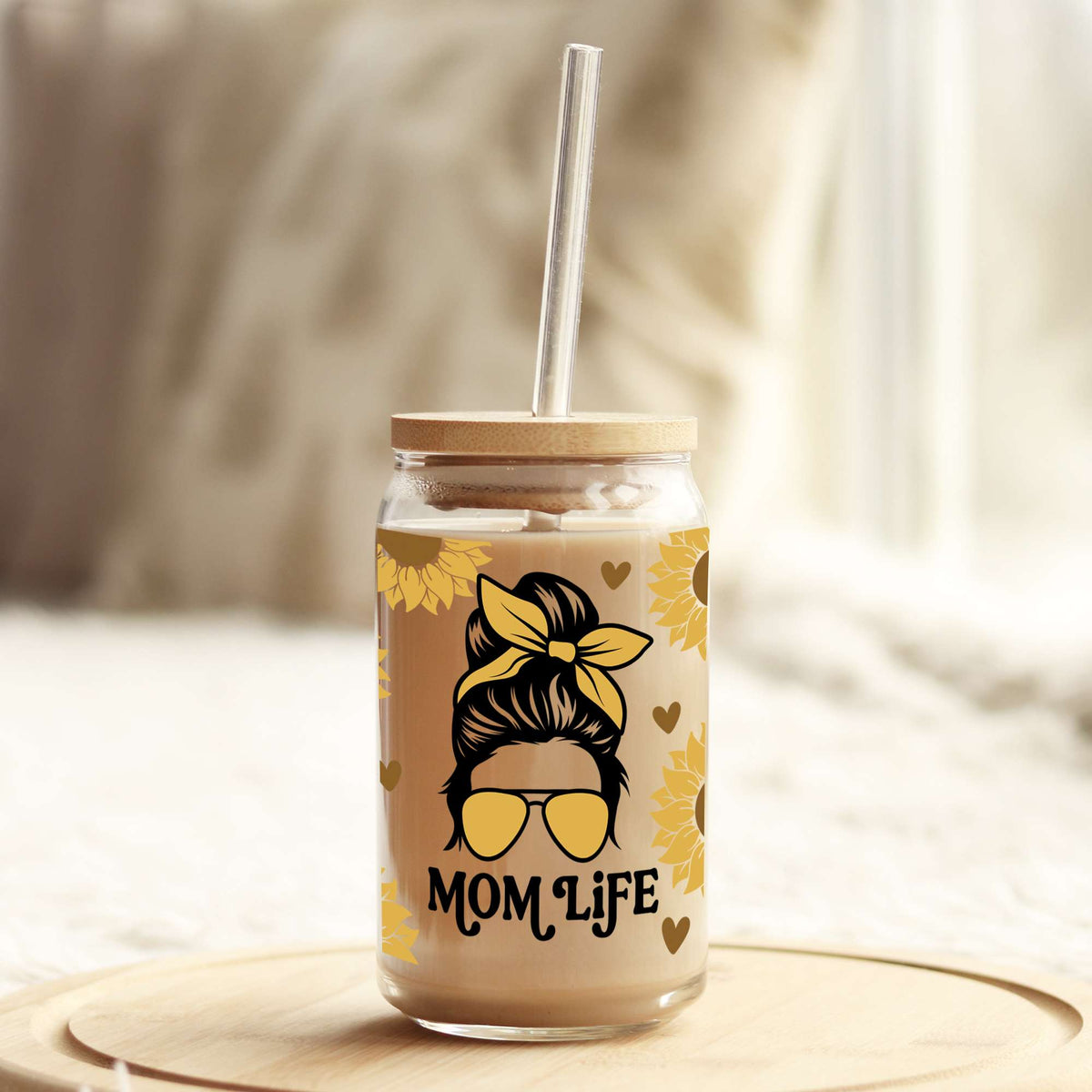 Sunflower Mom Life 16oz Libbey Glass Can UV DTF or Sublimation Wrap - Decal Weefers