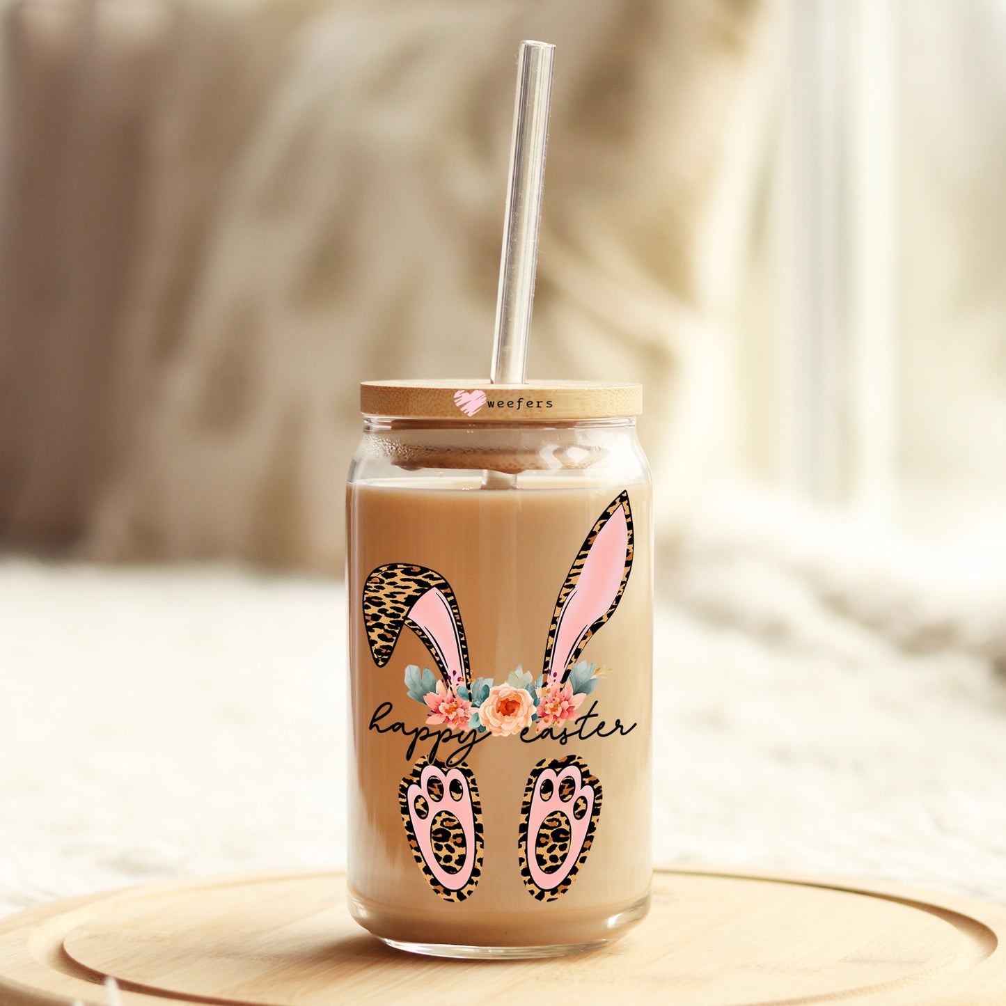 Happy Easter Leopard Floral Bunny 16oz Libbey Glass Can UV DTF or Sublimation Cup Wrap - Decal Transfer Weefers