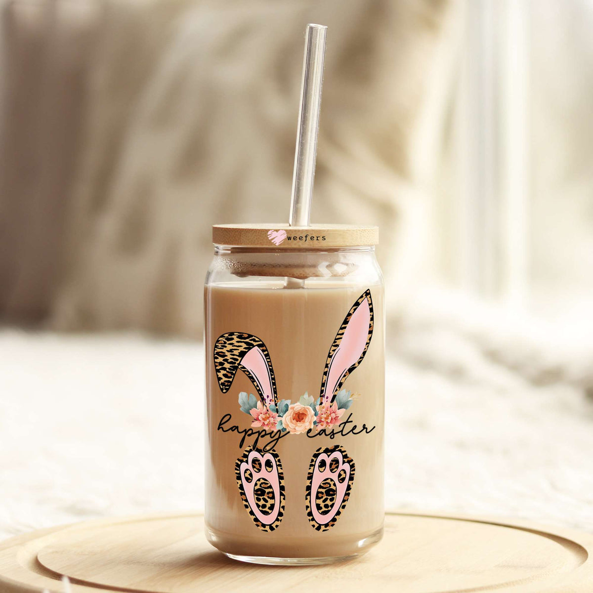 Happy Easter Leopard Floral Bunny 16oz Libbey Glass Can UV DTF or Sublimation Cup Wrap - Decal Transfer Weefers