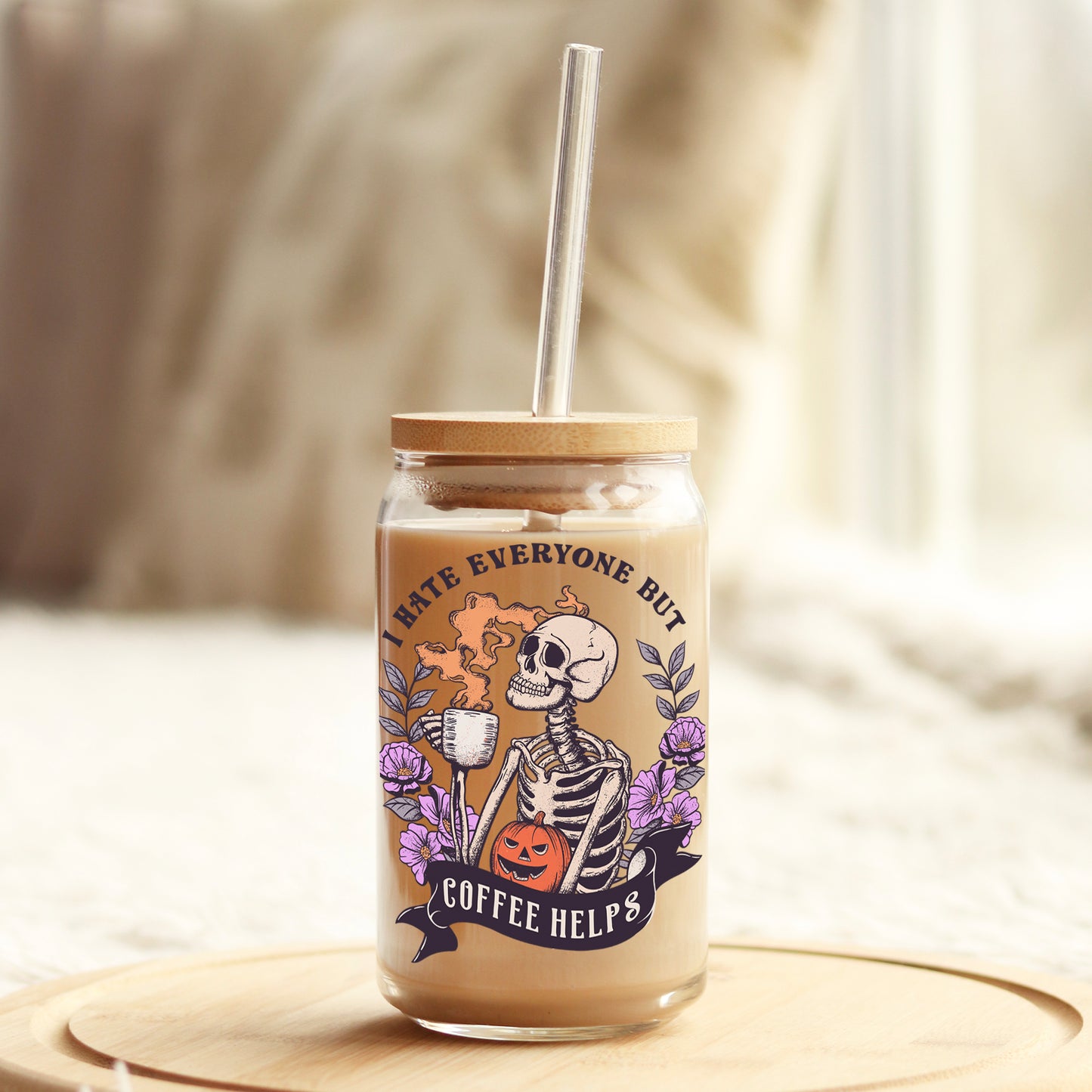 I Hate Everyone but Coffee Helps Halloween 16oz Libbey Glass Can UV DTF or Sublimation Wrap - Decal Weefers