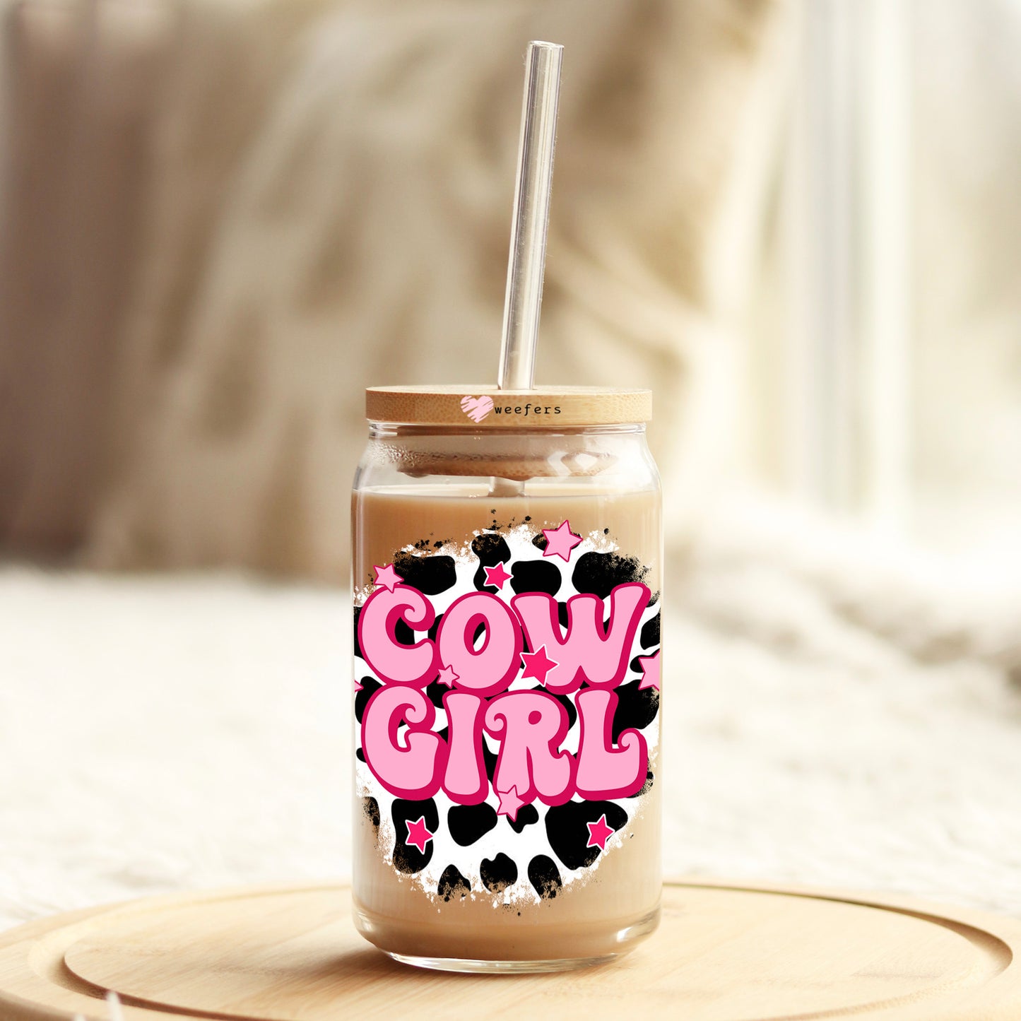 Cowgirl Pink and Black 16oz Libbey Glass Can UV DTF or Sublimation Cup Wrap - Decal Transfer Weefers