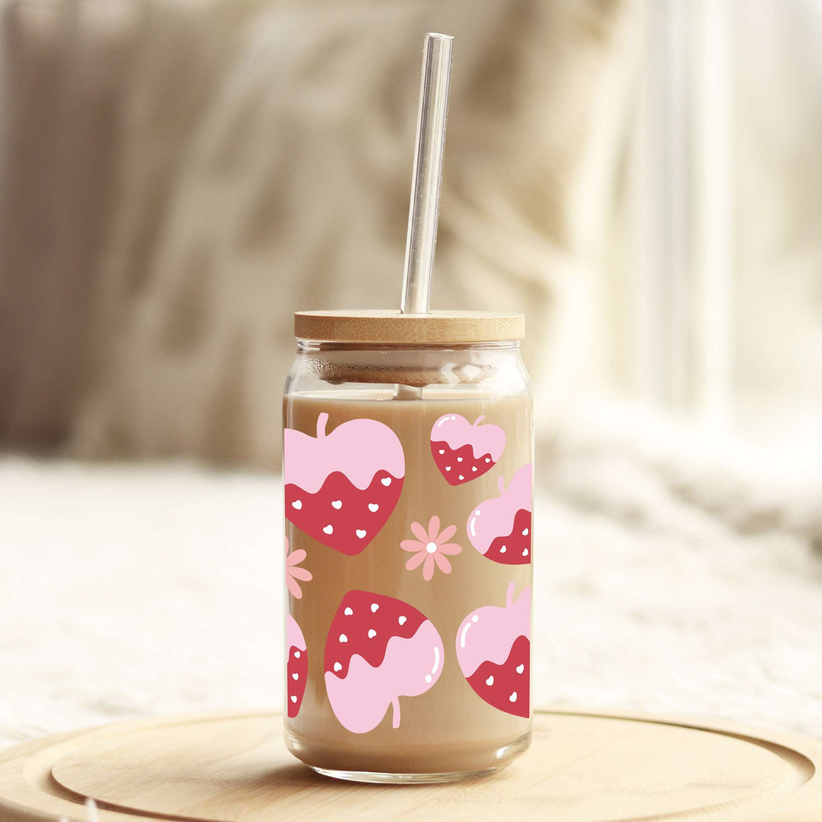 Pink and Red Strawberry Hearts Valentine's Day 16oz Libbey Glass Can UV DTF or Sublimation Cup Wrap - Decal Transfer Weefers