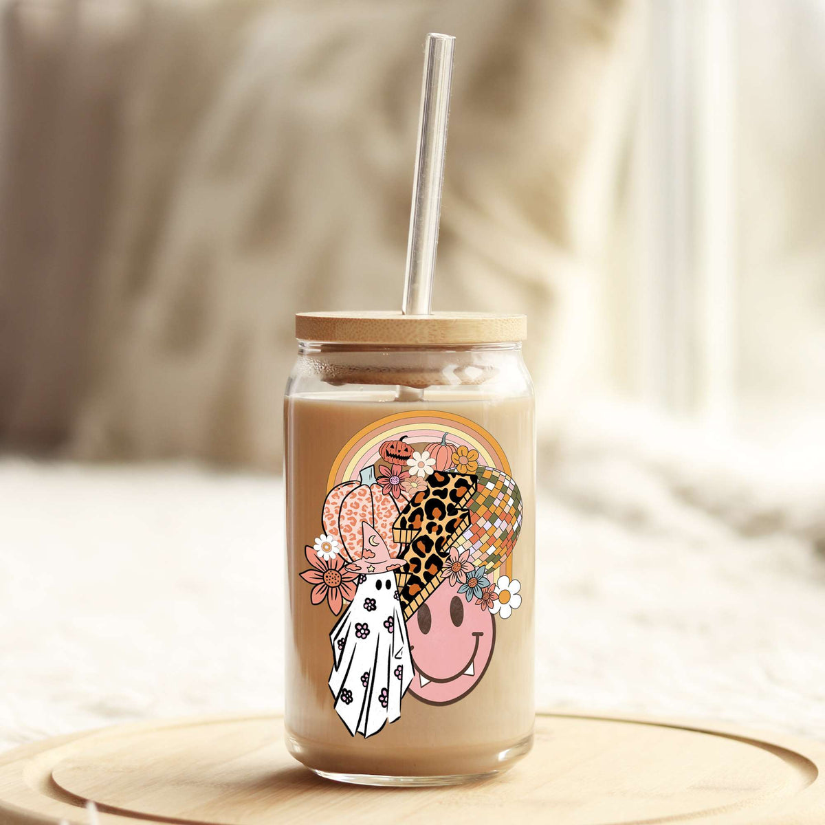 Retro Smile Leopard Ghose Halloween 16oz Libbey Glass Can UV DTF or Sublimation Wrap - Decal Weefers