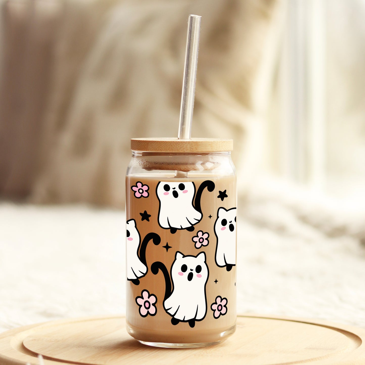 Ghost Cat Costume 16oz Libbey Glass Can UV DTF or Sublimation Wrap - Decal Weefers