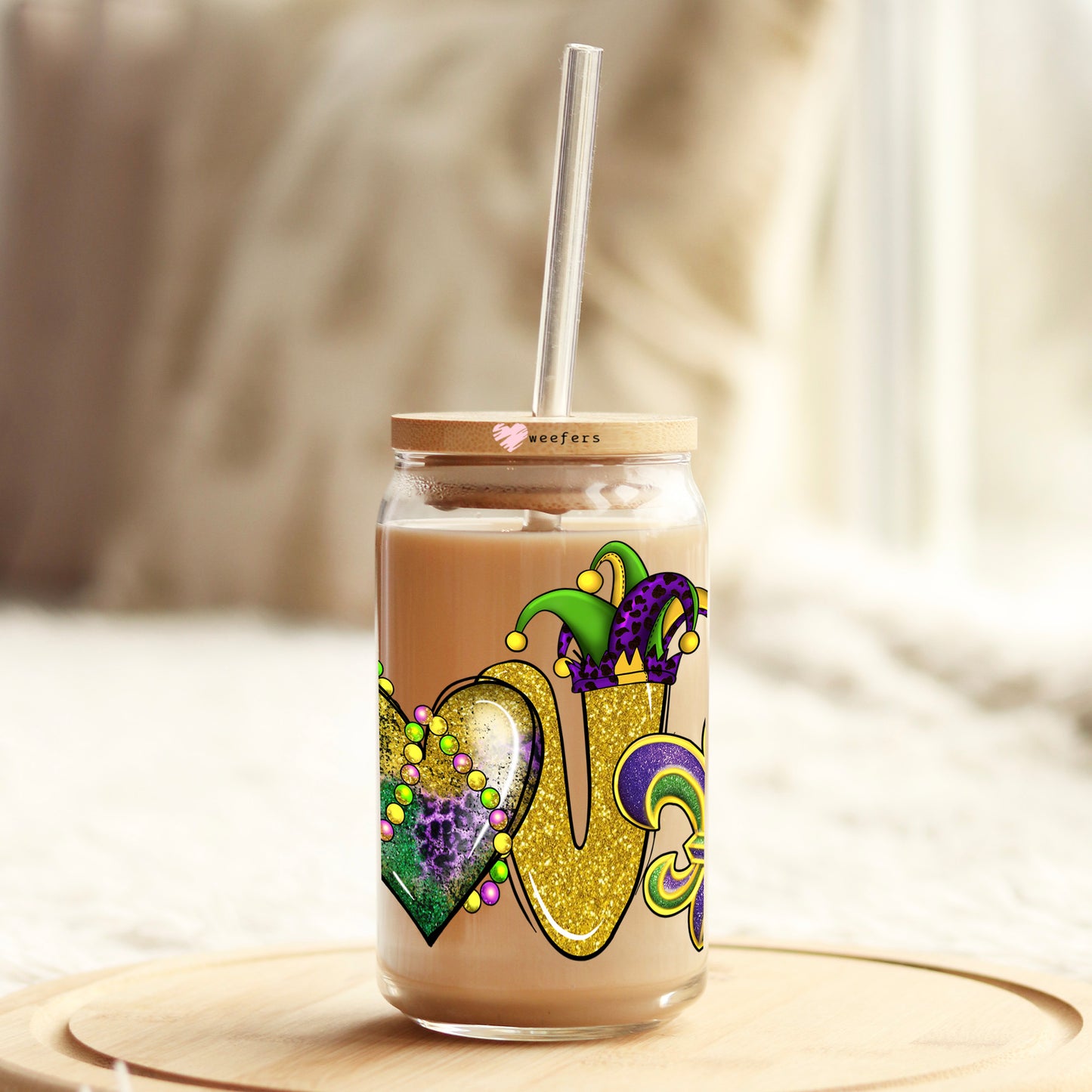 Love Mardi Gras 16oz Libbey Glass Can UV DTF or Sublimation Cup Wrap - Decal Transfer Weefers