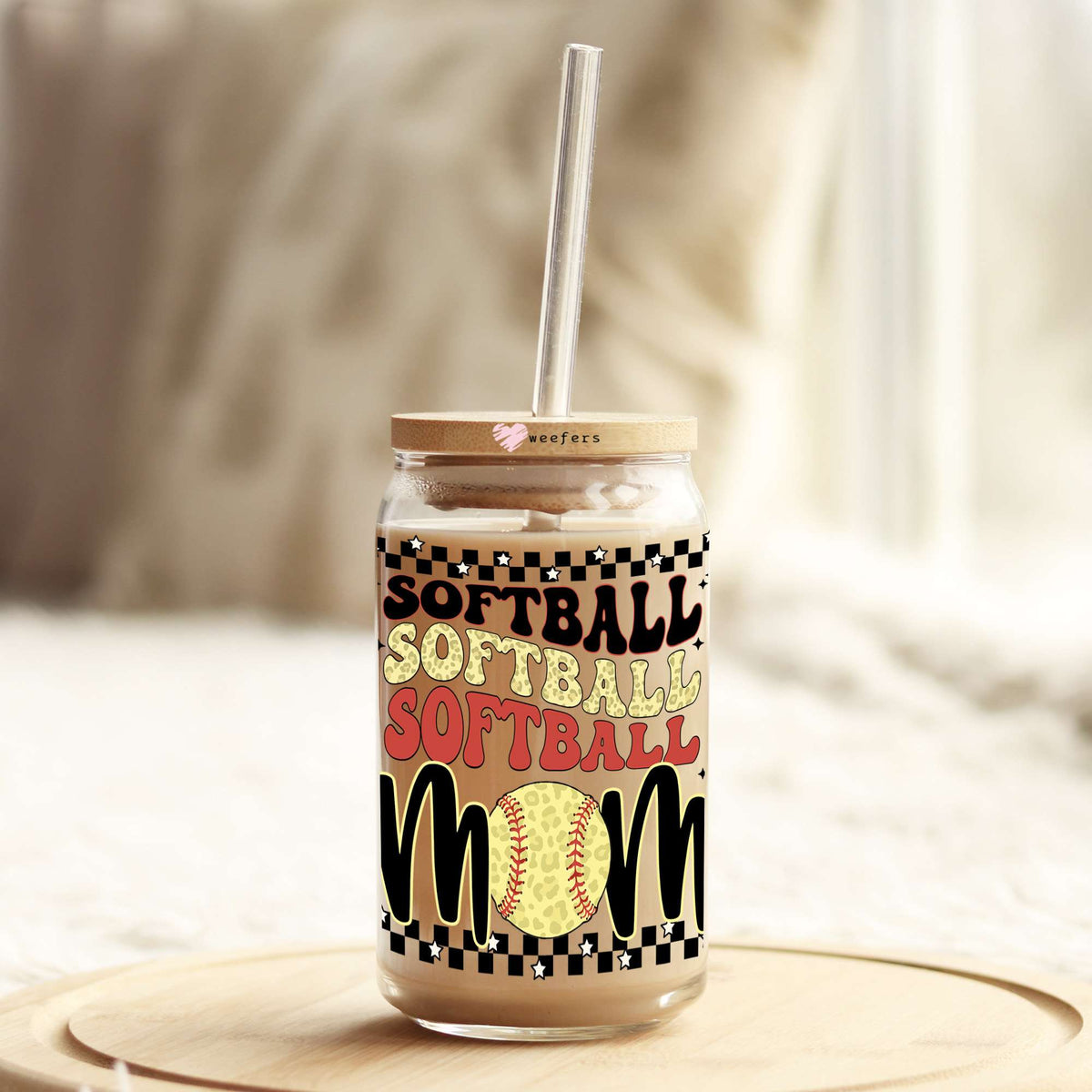 Softball Mom Stacked 16oz Libbey Glass Can UV DTF or Sublimation Cup Wrap - Decal Transfers Weefers