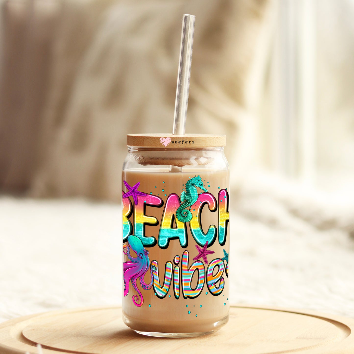 Beach Vibes 16oz Libbey Glass Can UV DTF or Sublimation Cup Wrap - Decal Transfer Weefers