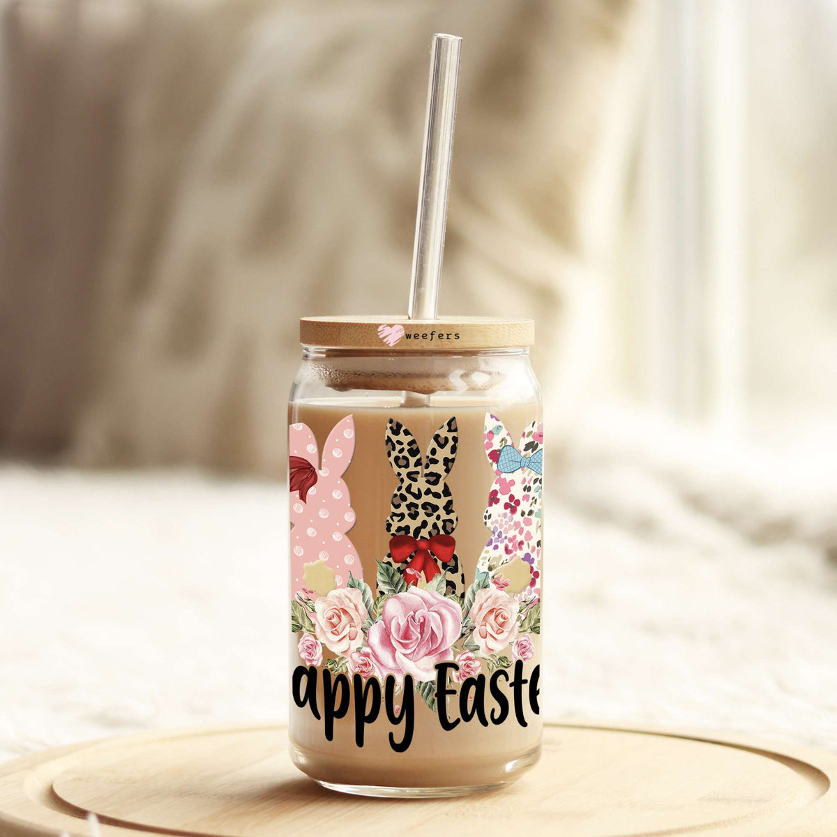 Happy Easter Trio Bunnies 16oz Libbey Glass Can UV DTF or Sublimation Cup Wrap - Decal Transfer Weefers