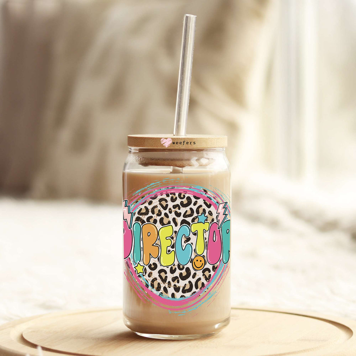 Director Pink Cheetah 16oz Libbey Glass Can UV DTF or Sublimation Cup Wrap - Decal Transfer Weefers