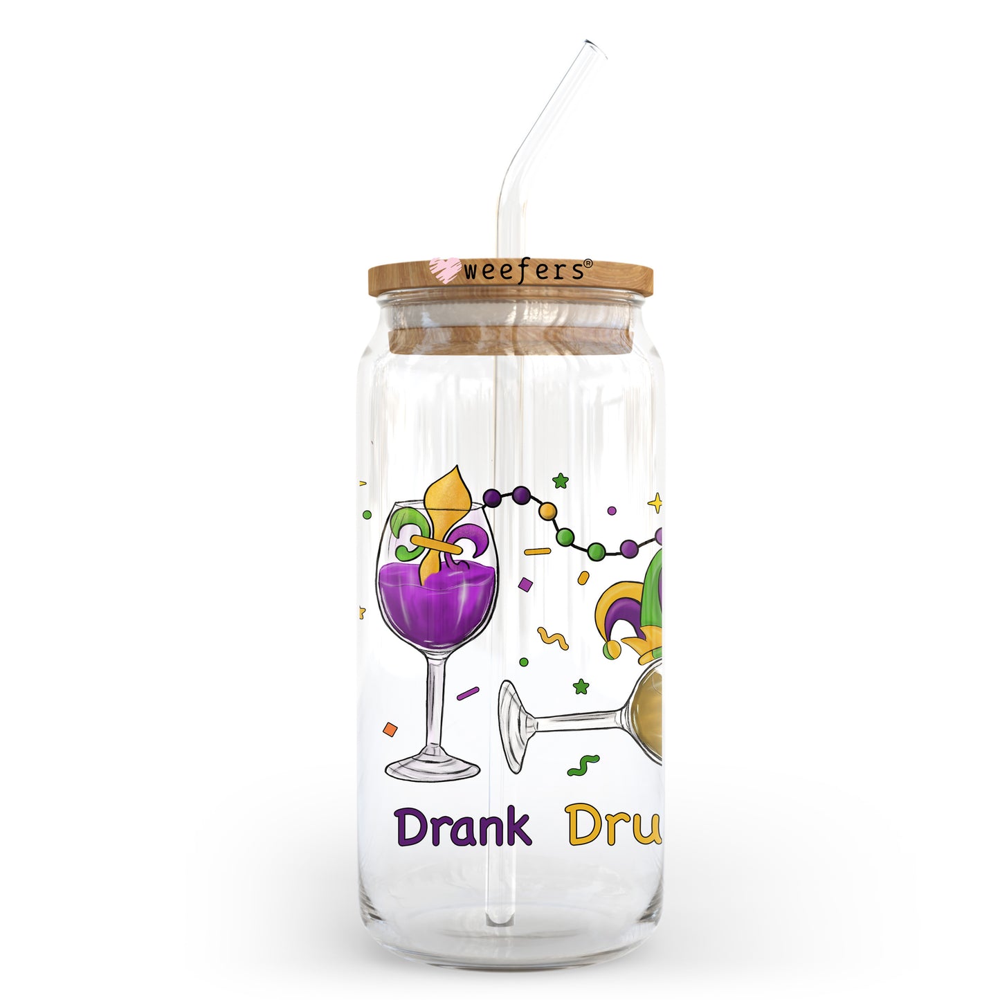 Drink Drank Drunk Mardi Gras 20oz Libbey Glass Can UV DTF or Sublimation Wrap - Decal Transfer Weefers