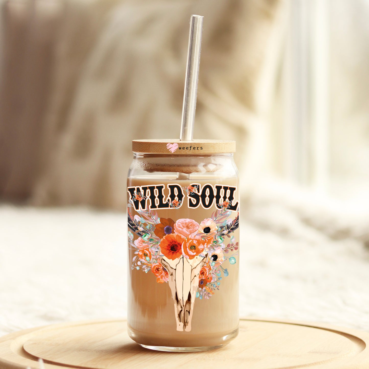 Wild Soul Cow Skull 16oz Libbey Glass Can UV DTF or Sublimation Cup Wrap - Decal Transfer Weefers
