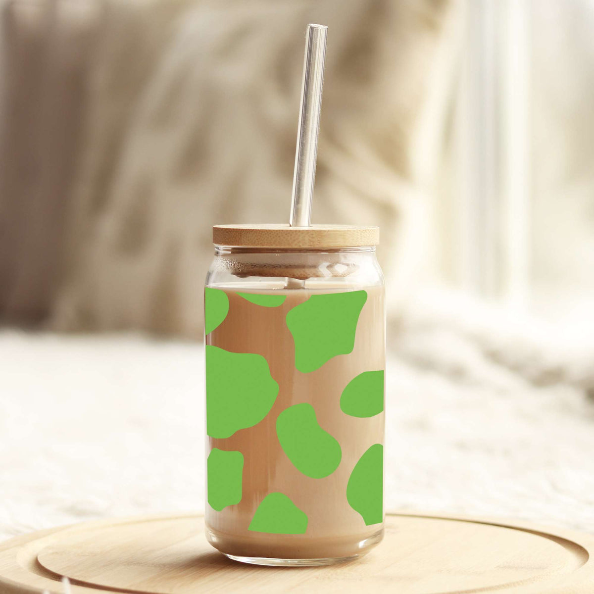 Green Cow Print 16oz Libbey Glass Can UV DTF or Sublimation Wrap - Decal Weefers