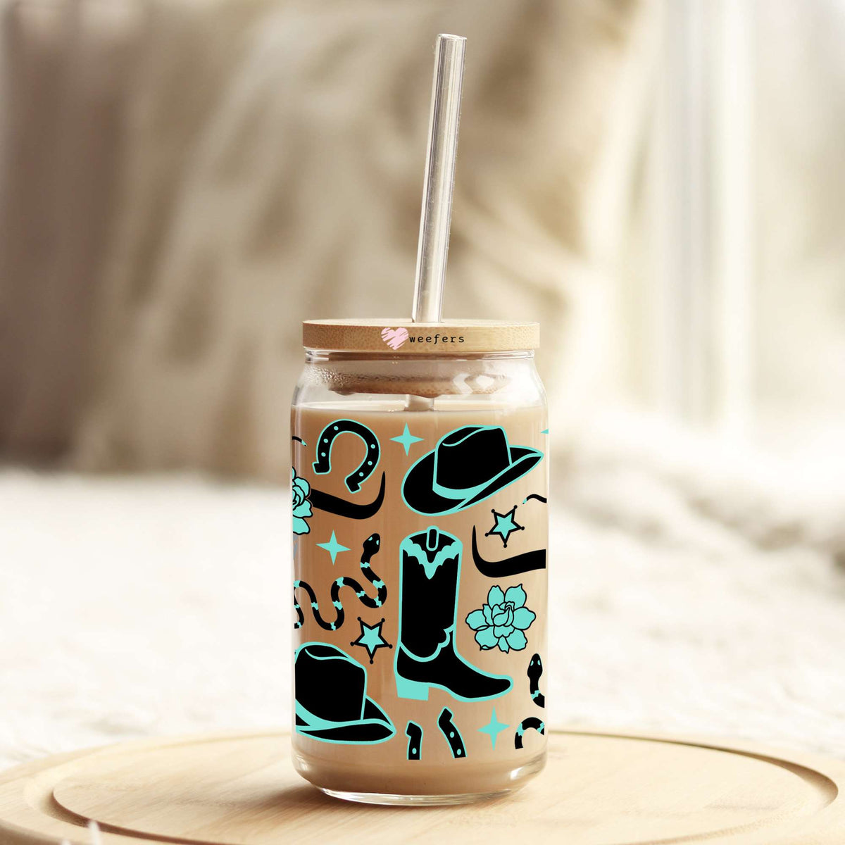 Teal and Black Cowboy boots and Hats 16oz Libbey Glass Can UV DTF or Sublimation Cup Wrap - Decal Weefers