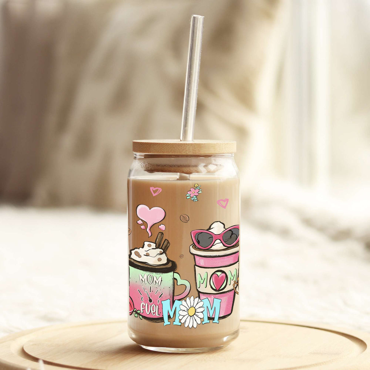 Pink Mom Latte 16oz Libbey Glass Can UV DTF or Sublimation Wrap - Decal Weefers