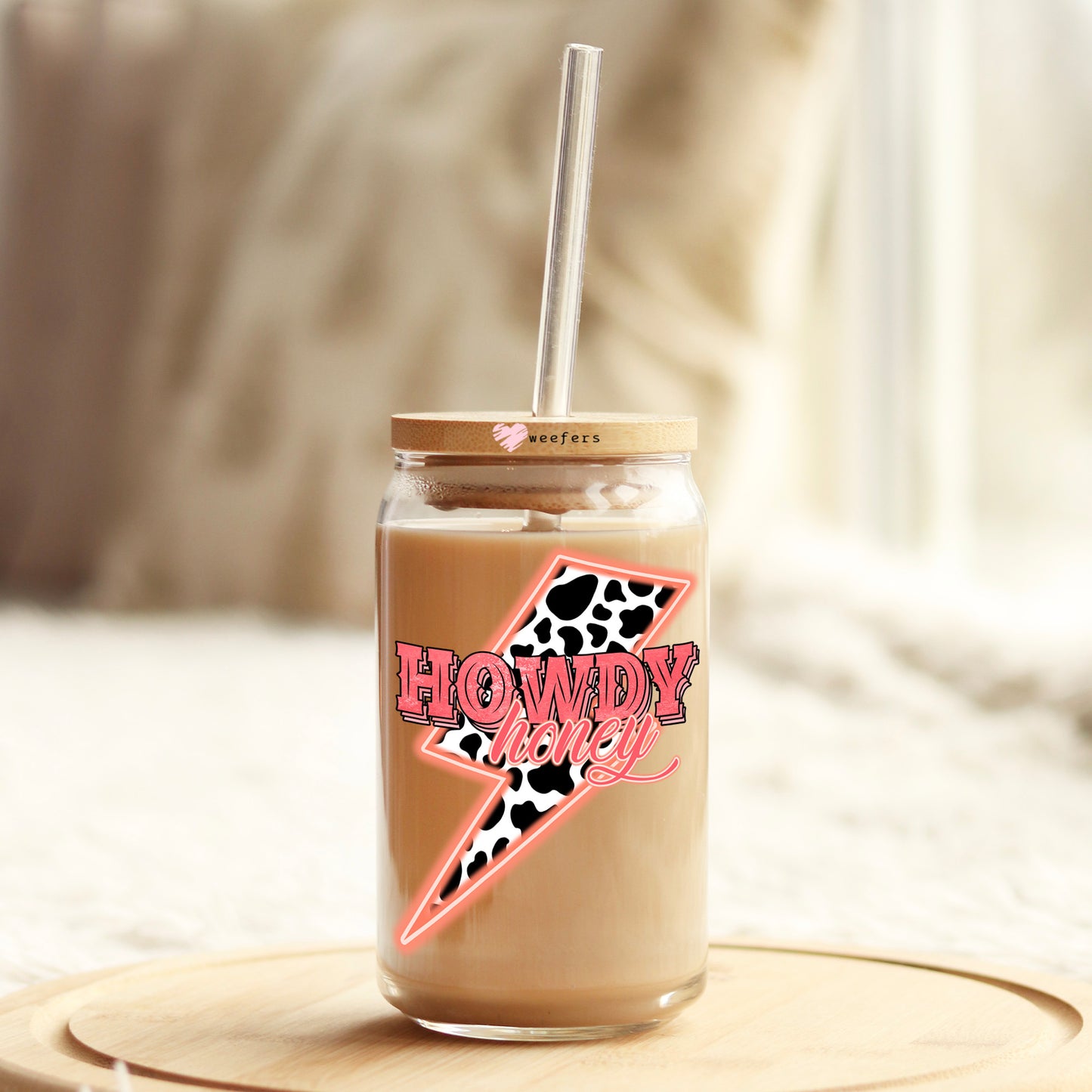 Howdy Cow Print Lightening Bolt 16oz Libbey Glass Can UV DTF or Sublimation Cup Wrap - Decal Transfer Weefers