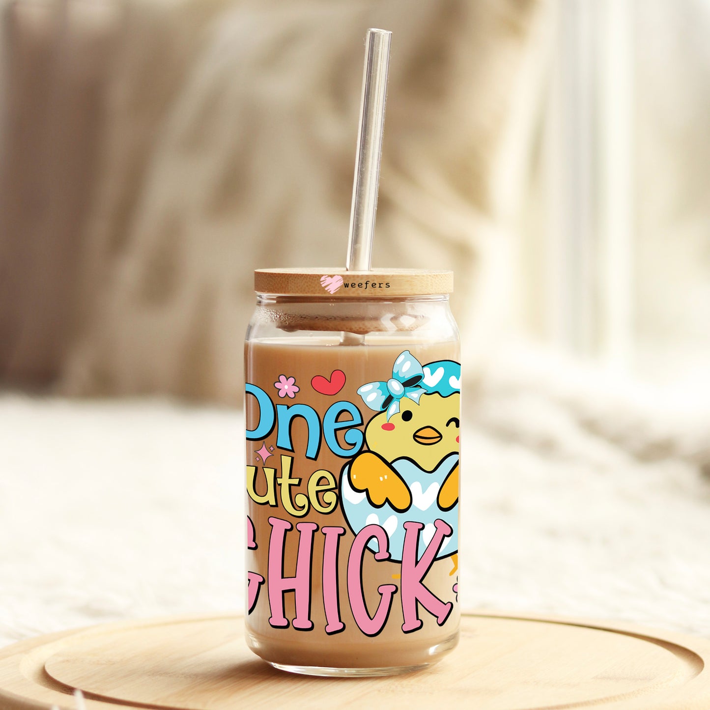 One Cute Chick Easter 16oz Libbey Glass Can UV DTF or Sublimation Cup Wrap - Decal Transfer Weefers