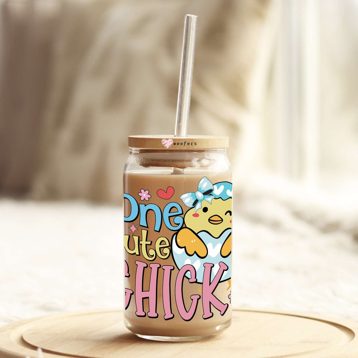 One Cute Chick Easter 16oz Libbey Glass Can UV DTF or Sublimation Cup Wrap - Decal Transfer Weefers