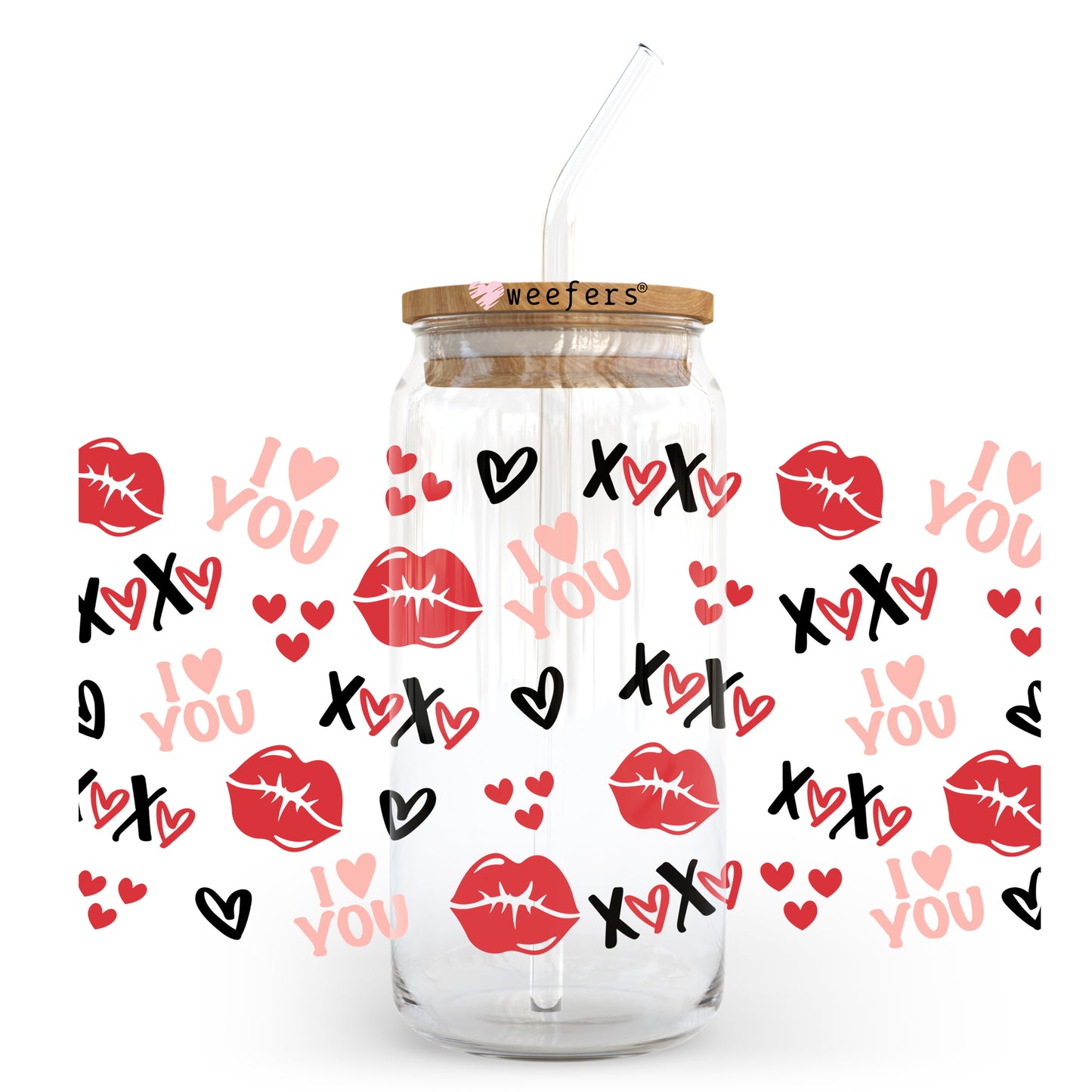 I Love You Lips Hearts Valentine's Day 20oz Libbey Glass Can UV DTF or Sublimation Wrap - Decal Transfer Weefers