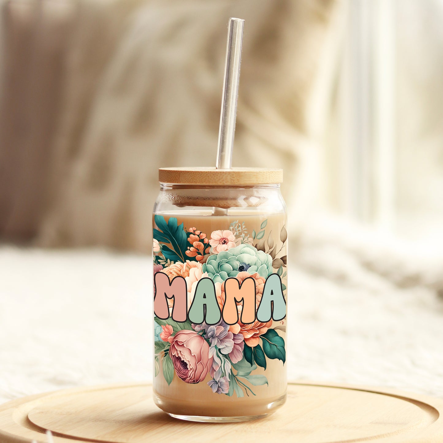 Mama Boho Floral 16oz Libbey Glass Can UV DTF or Sublimation Cup Wrap - Decal Transfer Weefers