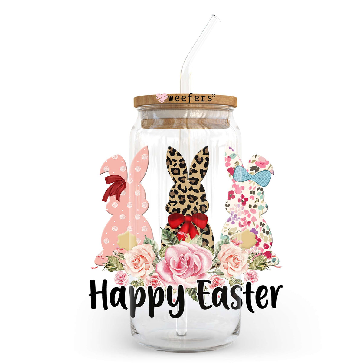 Happy Easter Trio Bunnies 20oz Libbey Glass Can UV DTF or Sublimation Wrap - Decal Transfer Weefers